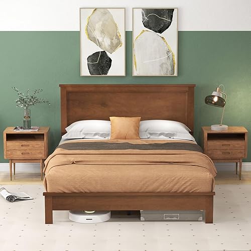 Giantex Base de cama de plataforma de madera tamaño Queen con cabecero de nogal, marco de cama de mediados de siglo con patas de madera maciza y