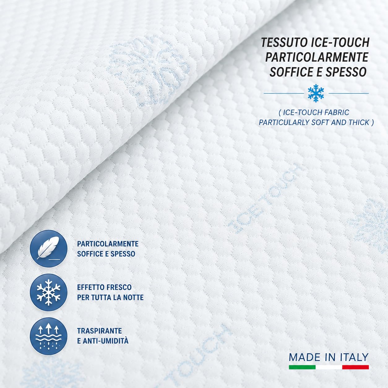 Coprimaterasso Rinfrescante Freddo+ Ice-Touch, Estivo, Termoregolatore, Traspirante, Anti-Umidità, Morbido, Elasticizzato - Singolo 80x200 cm H25