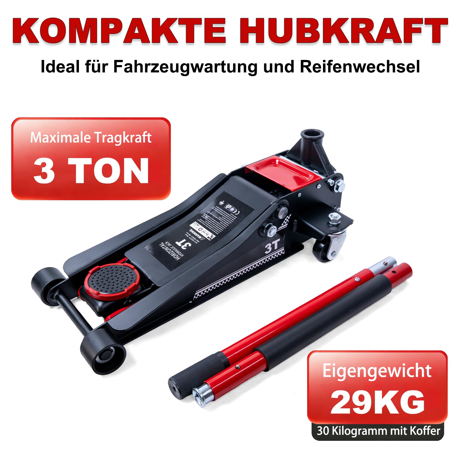 Wagenheber Hydraulisch 3T, Rangierwagenheber Mit 4 Rollen, Hubhöhe 75-460mm, 2 Gummiauflagen & 95 cm Hebel, Unterflur Hydraulikheber für PKW & Tiefergelegte Fahrzeuge