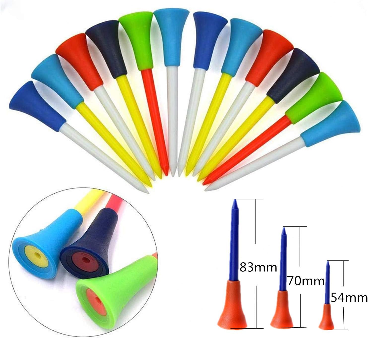 Lily Sport Golf Tees Plastic Rubber Cushion Durable Mixed Colors Plastic Golf Tee with Rubber Head, 3 1/4 inches(83mm) & 2 3/4 inches(70mm) & 2 1/8 inches(54mm) Value 50 Pack