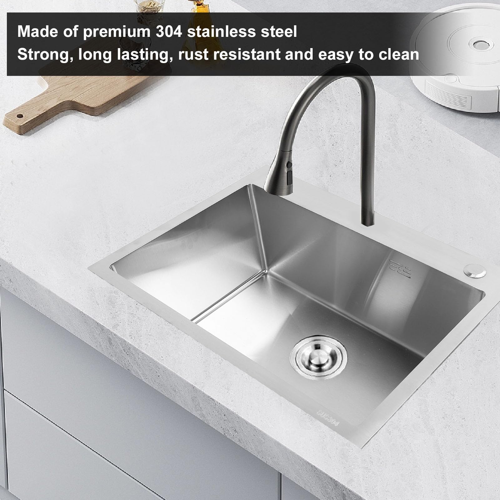 Fregadero de Cocina, Lavabo de un Solo Cuenco de Acero Inoxidable 304 con Escurridor y Almohadillas de Reducción de Ruido, Montaje para Estación de Trabajo RV Bar
