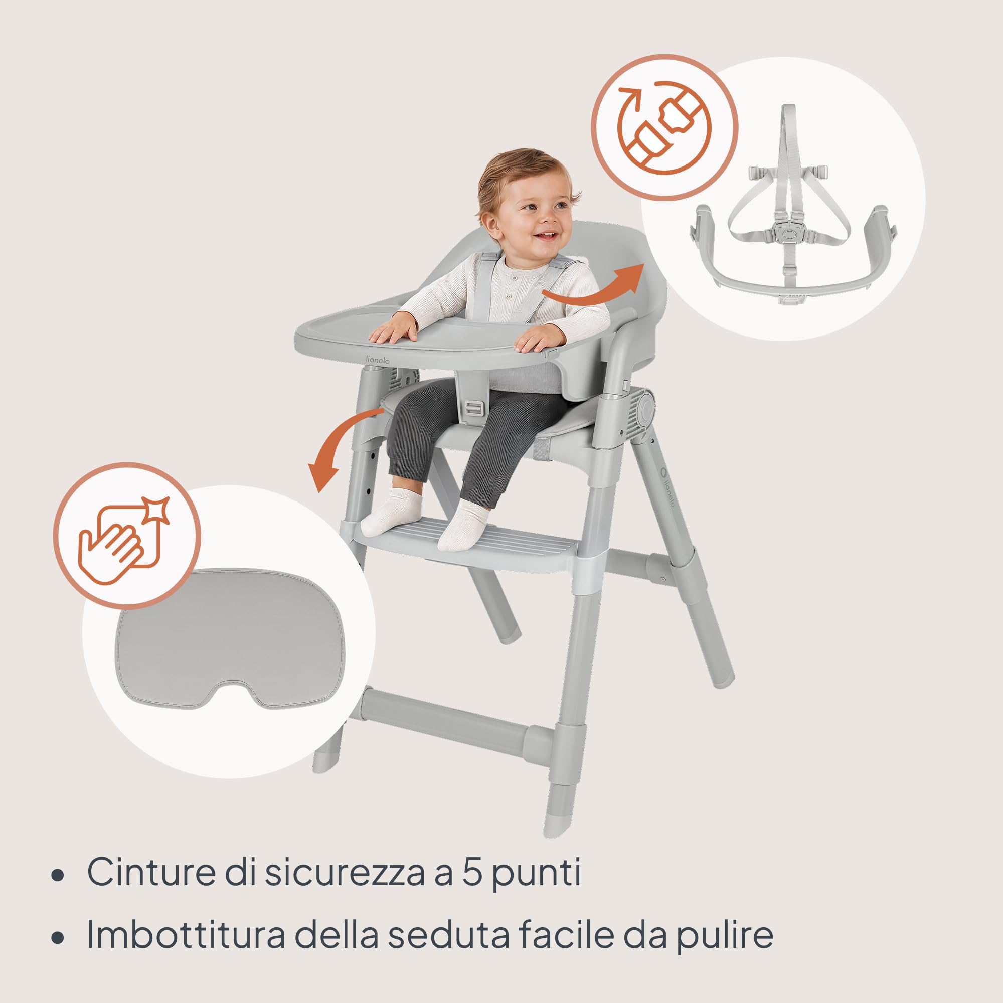 LIONELO Matt Seggiolone Pappa Evolutivo 5 in 1 Pieghevole fino a 110 kg | Da 6 Mesi, Seduta e Poggiapiedi Regolabili, Vassoio Lavabile in Lavastoviglie, Cinture a 5 Punti, Cuscino Morbido