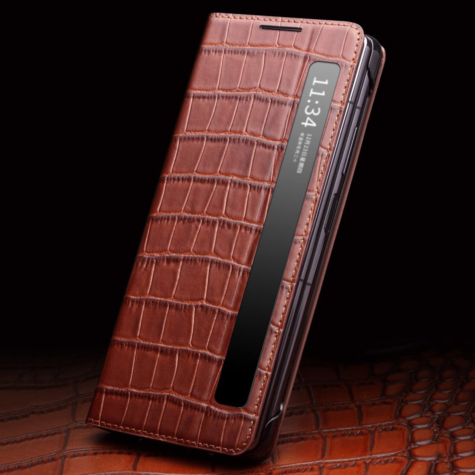 Etui kompatybilne z Huawei Mate X2, prawdziwa skóra pokrowiec z klapką przezroczysty widok okno podpórka inteligentny sen/budzenie magnetyczne zamknięcie, skórzane etui do Huawei Mate X2, czarne