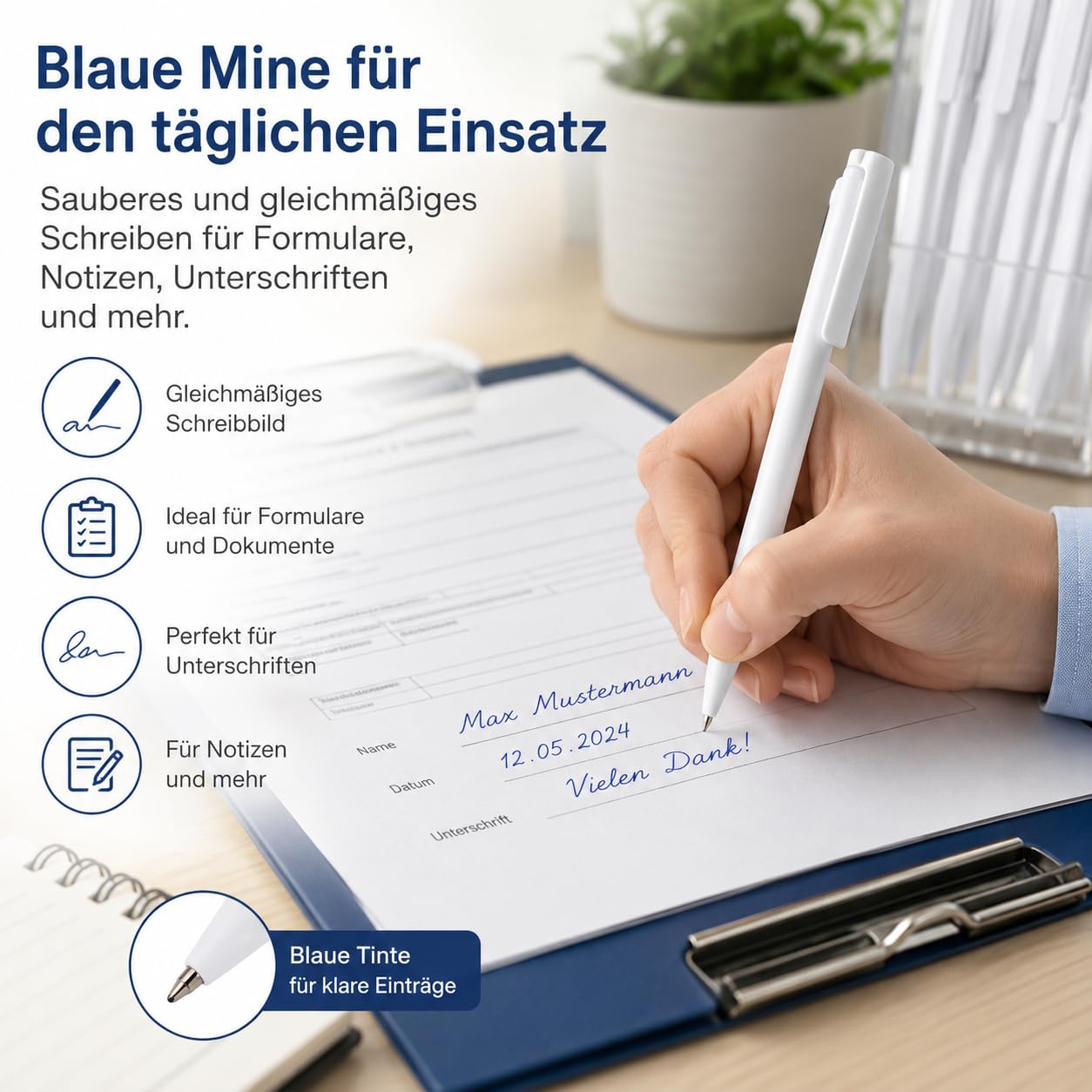 Antibakterielle Kugelschreiber 100er Set weiß – blaue Mine mit Silberionen | Hygienisch ausgerüstete Oberfläche für gemeinsam genutzte Arbeitsplätze in Praxis, Empfang und Büro.