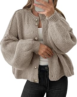 Womens Oversized Cardigans Button Up Long Lantern Sleeve Chunky Knit Cas...