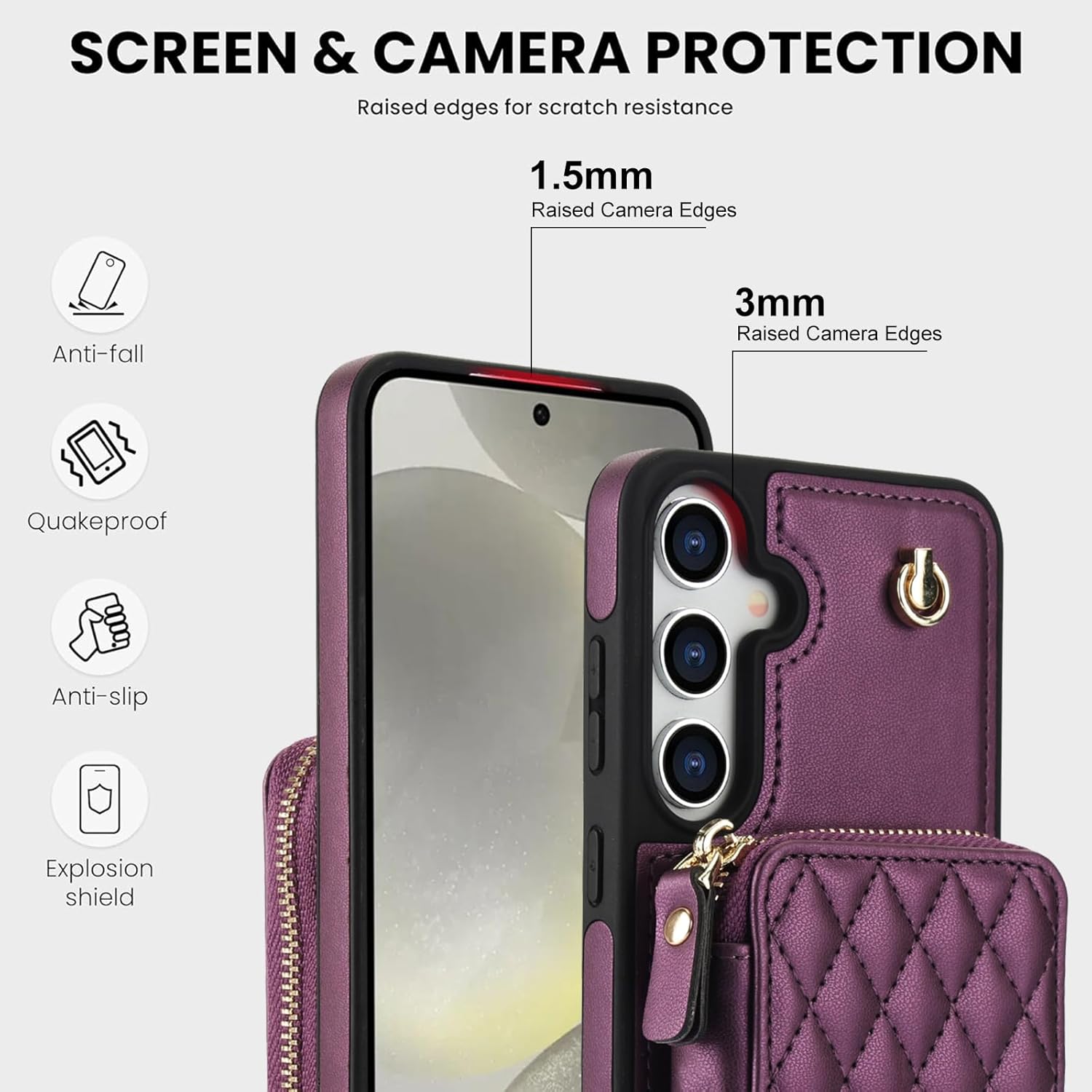 Phone Case for Samsung Galaxy S24 5G Wallet Cell Cover with Tempered Glass Screen Protector Wrist Crossbody Strap Lanyard RFID Blocking Credit Card Holder S 24 24S G5 SM-S921U Women Girls Dark Purple