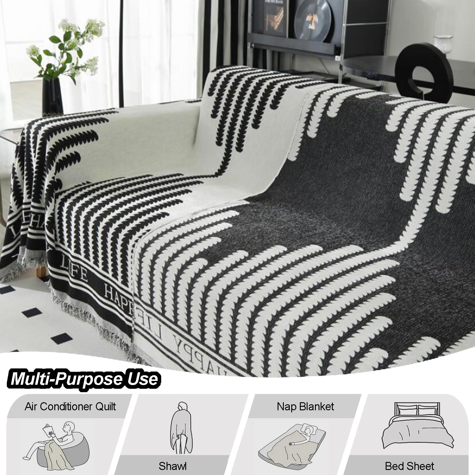 Plaid Ou Jeté De Canapé Lavable Housse De Canapé en Forme De L/U 1/2/3/4 Places Couverture De Canapé en Chenille Serviette De Canapé Universelle pour Chaise Et Lit(180X320cm,Black)
