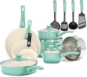 GreenLife Soft Grip 16 Piece Cookware Set, Non-Toxic PFAS-Free Ceramic Nonstick, Pots, Frying, Sauce, Saute, Glass Lids, Stay-Cool Handles, Wobble Free Bases, Dishwasher &amp; Oven Safe, Turquoise