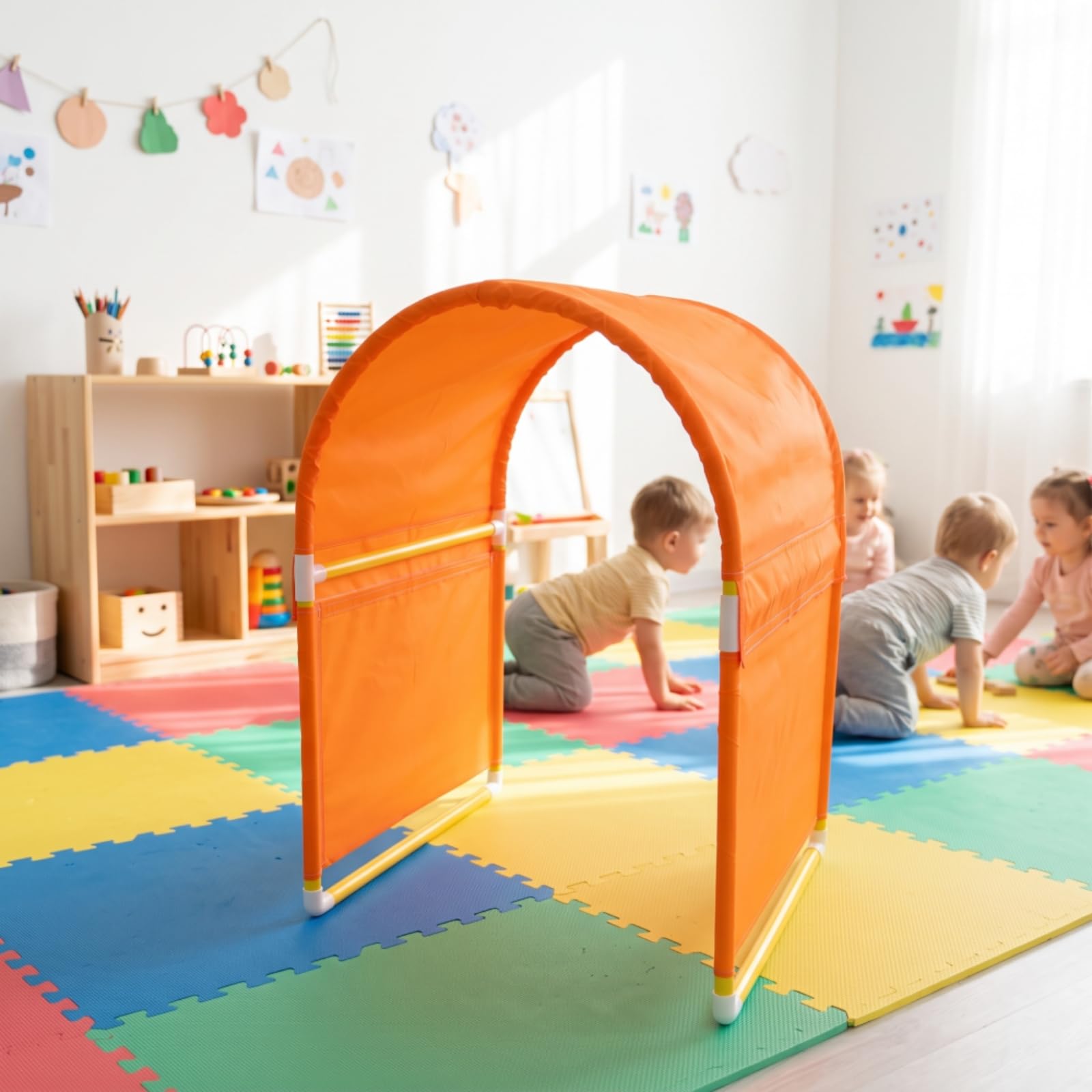 Children Training Tunnel Krabbeltunnel Spieltunnel Bewegungstunnel Motorikbogen mit Leichtem PVC-Gestell Und Textilbezug für Motoriktraining Und, Orange