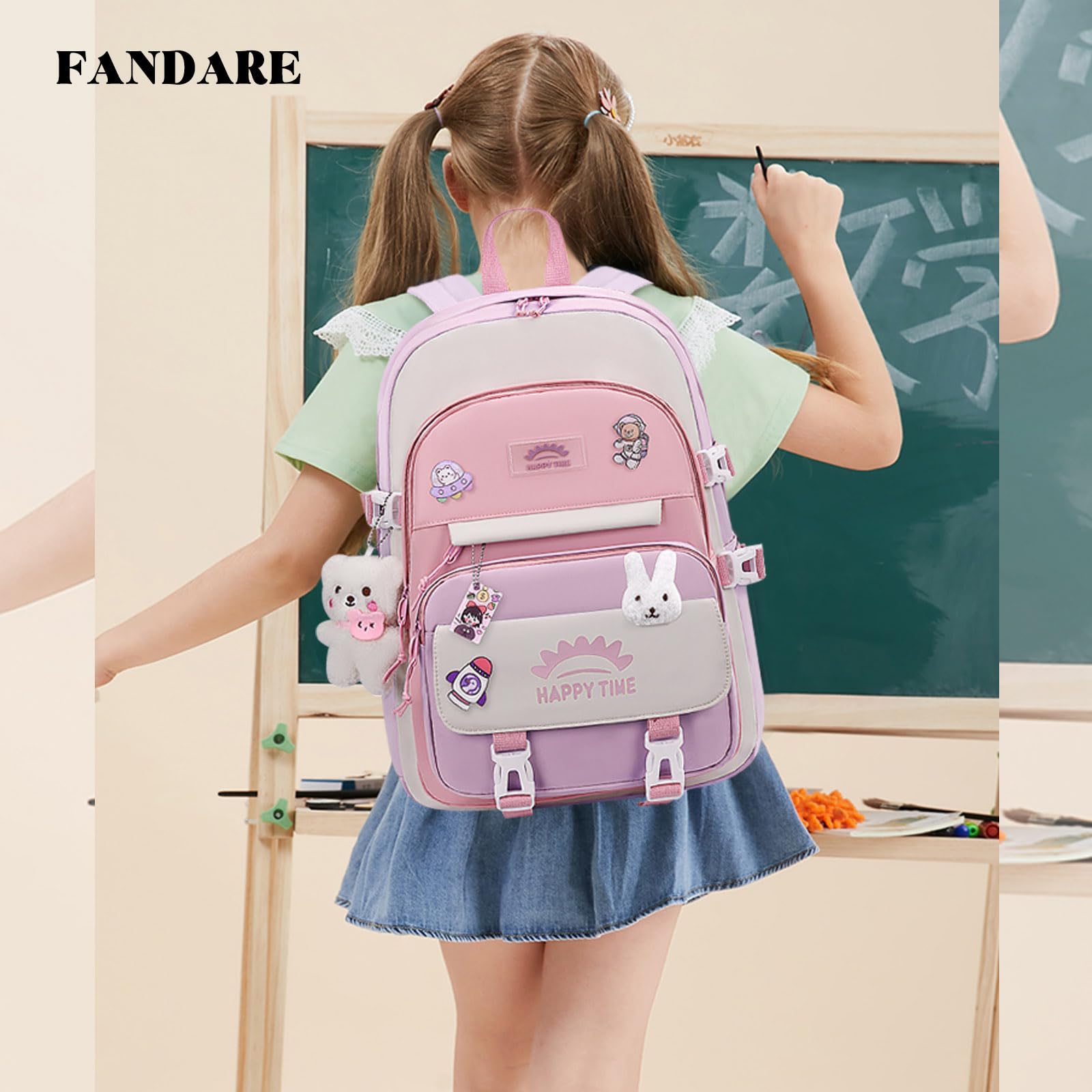 FANDARE Mignon Sac à Dos Enfant Filles Garçons Sacs Scolaires Loisir Maternelle Cartables Sacs d'École Voyage avec Ceinture de Fixation de Bagages Rose