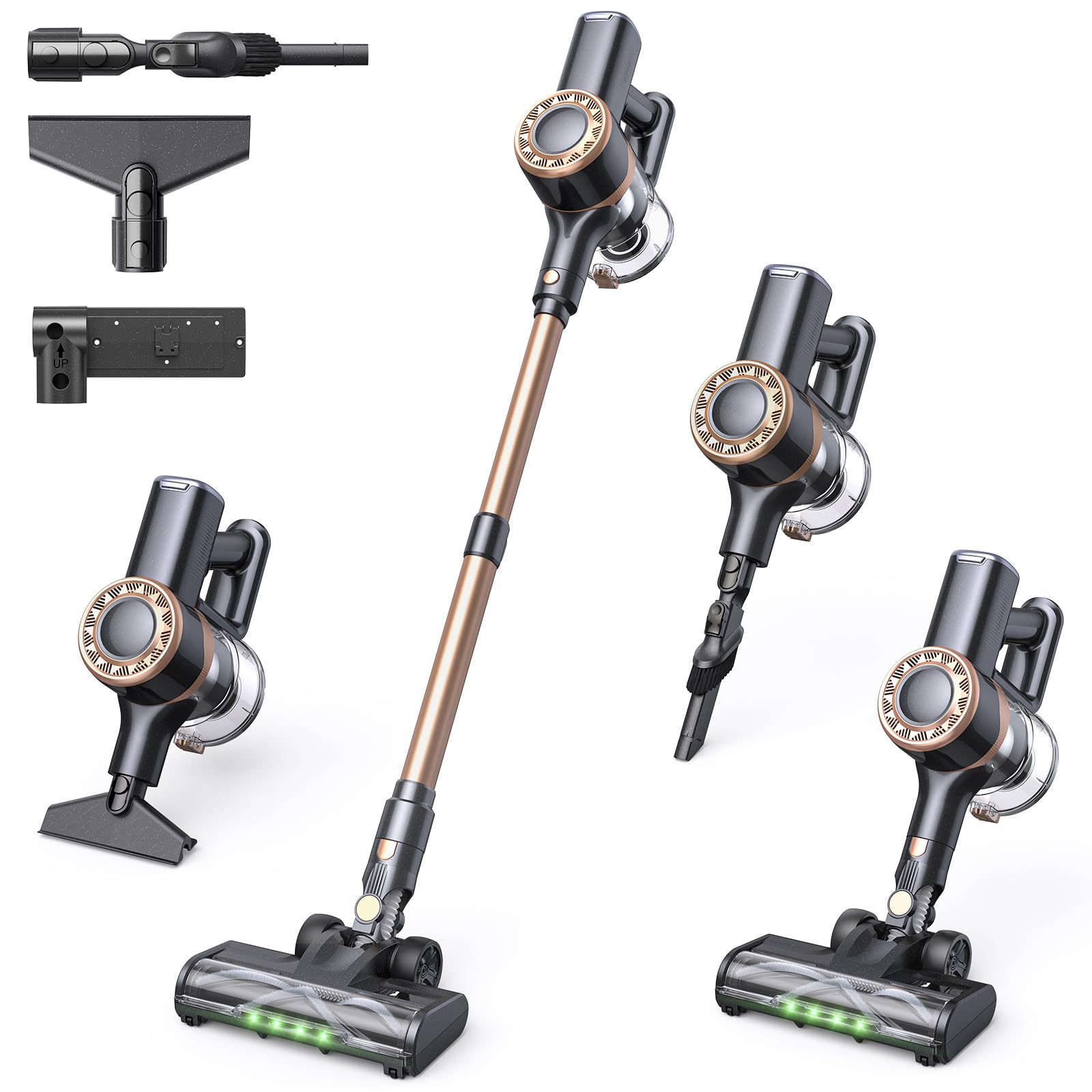 Cordless Vacuum Cleaner 30Kpa Stick Vacuum with Anti-Tangle Brush and Green Headlight Self-Standing Up to 45Mins Runtime Wireless