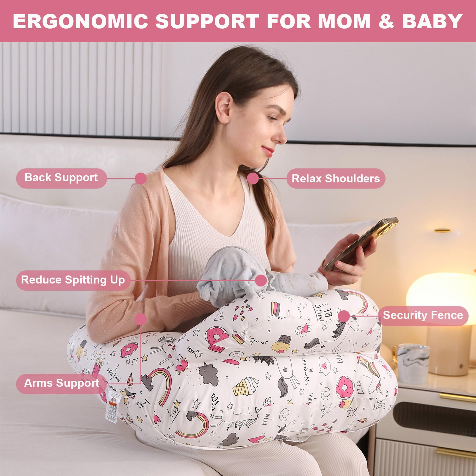 Nursing Pillow, Multifunctional Breastfeeding Pillow with Adjustable Waist Belt, Nursing Pillow with Safety Fence - Image 2