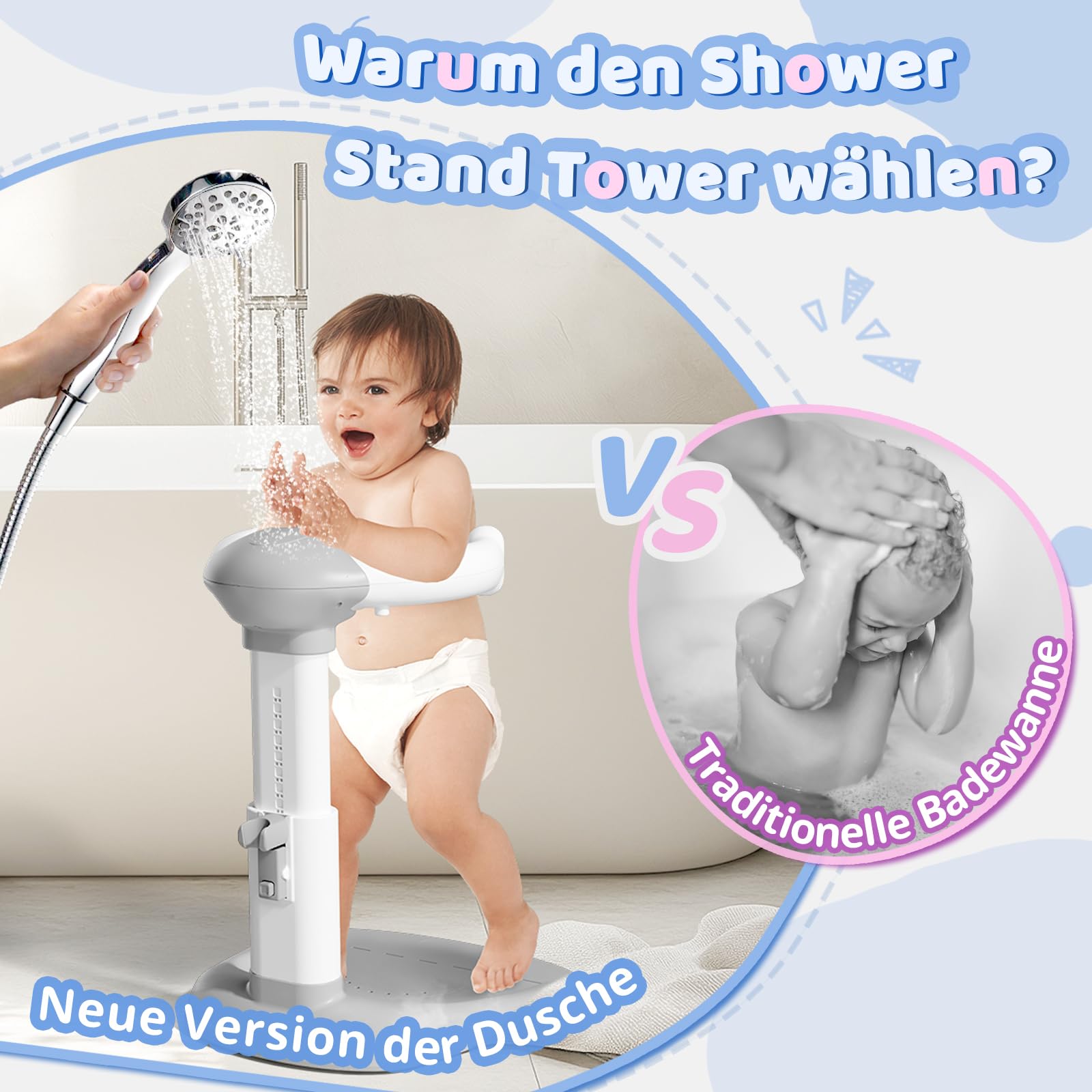 COOSEYA® Baby Dusche Ständer – Einstellbarer Baby Shower Stand Support mit AntiRutsch-Basis, Duschständer Kind, Anstelle eines Badewannensitzes baby – zum Baden, Windelwechseln und Waschen des Popos