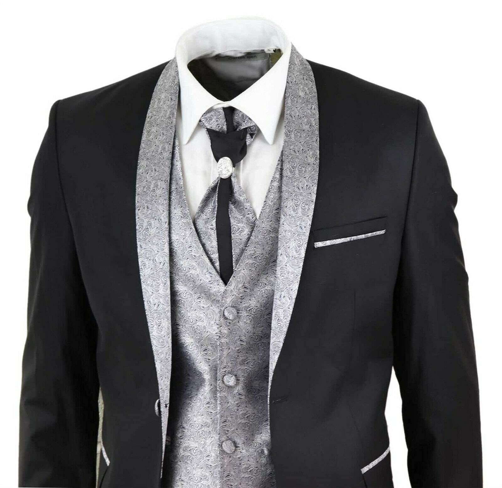 Tru Clothing Abito Completo Nero da Sposo con Chiusura a 2 Bottoni in 4 Pezzi con Colletto a Scialle e Cravatta, vestibilità su Misura, Stile Classico