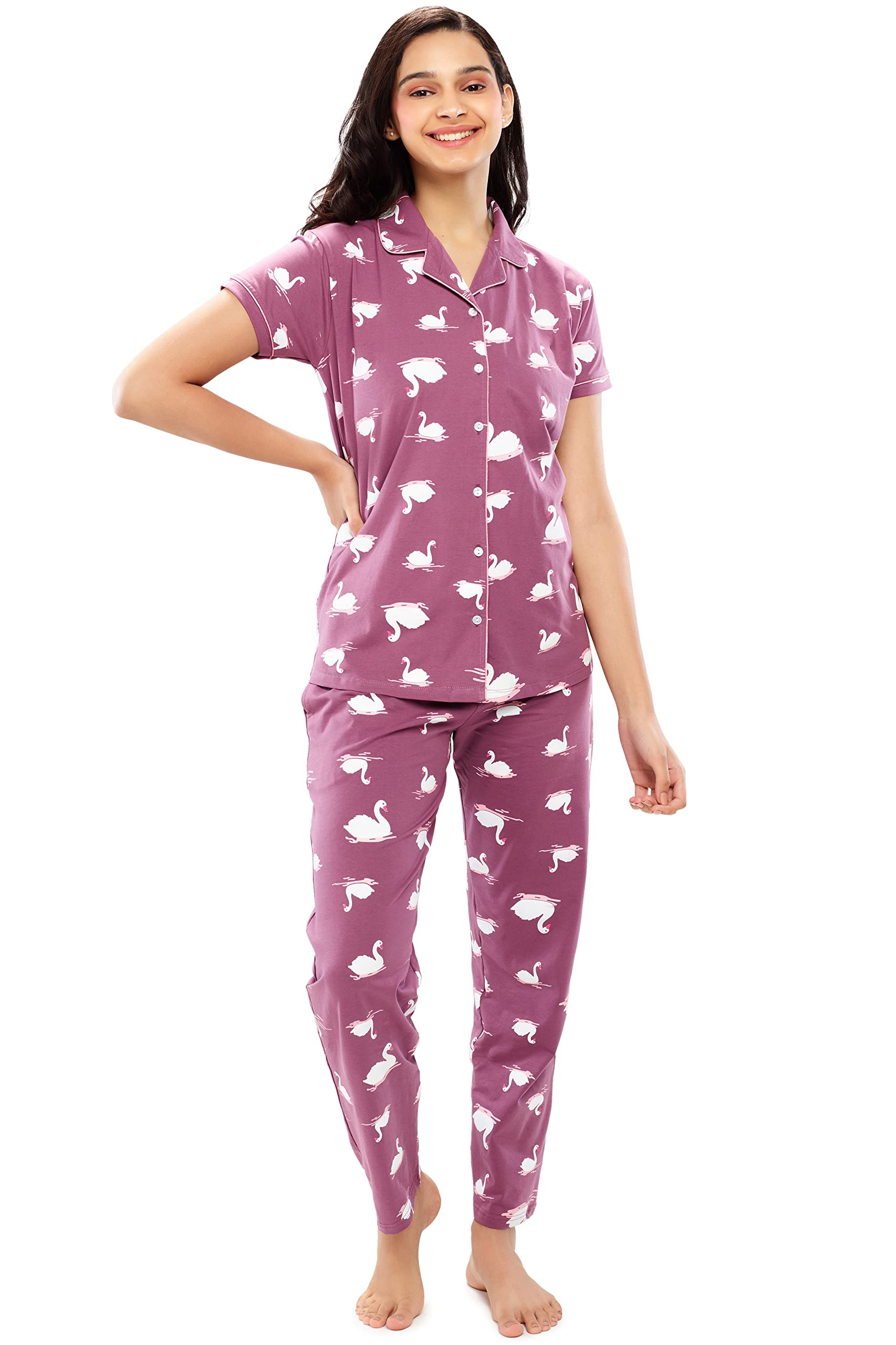 ZEYOWomen's Cotton Swan Printed Stylish Night suit set of Shirt & Pyjama 5611