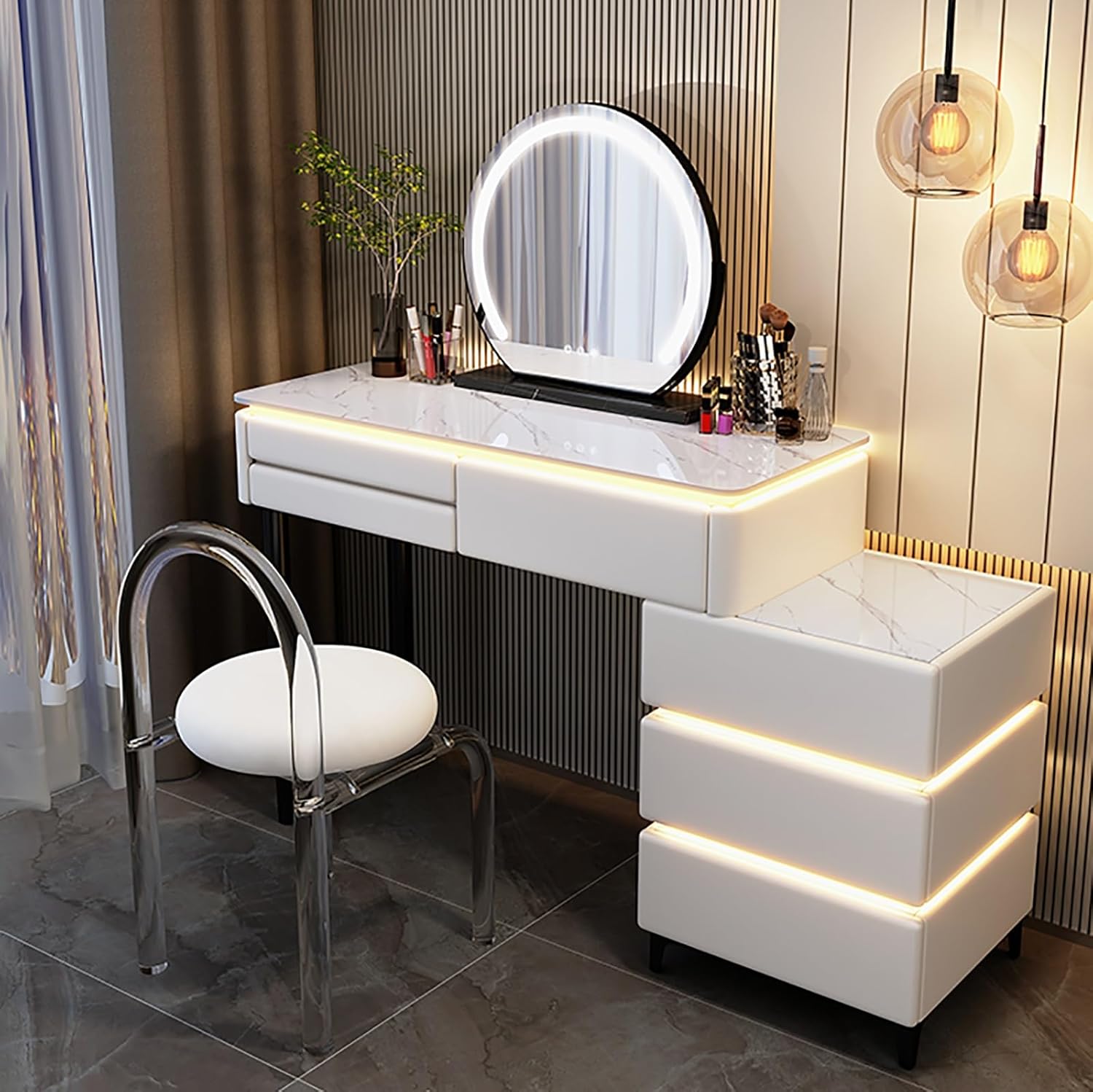 White Vanity with Mirror and Lights,Wooden Makeup Desk for Bedroom Dressing Room 6 Large Drawers and Cushioned Stool,Home Furniture Bedroom Makeup Vanity Table Stool Set ( Color : Pearl white , Size : White Vanity with Mirror and Lights,Wooden Makeup Desk for Bedroom Dressing Room 6 Large Drawers and Cushioned Stool,Home Furniture Bedroom Makeup Vanity Table Stool Set ( Color : Pearl white , Size :