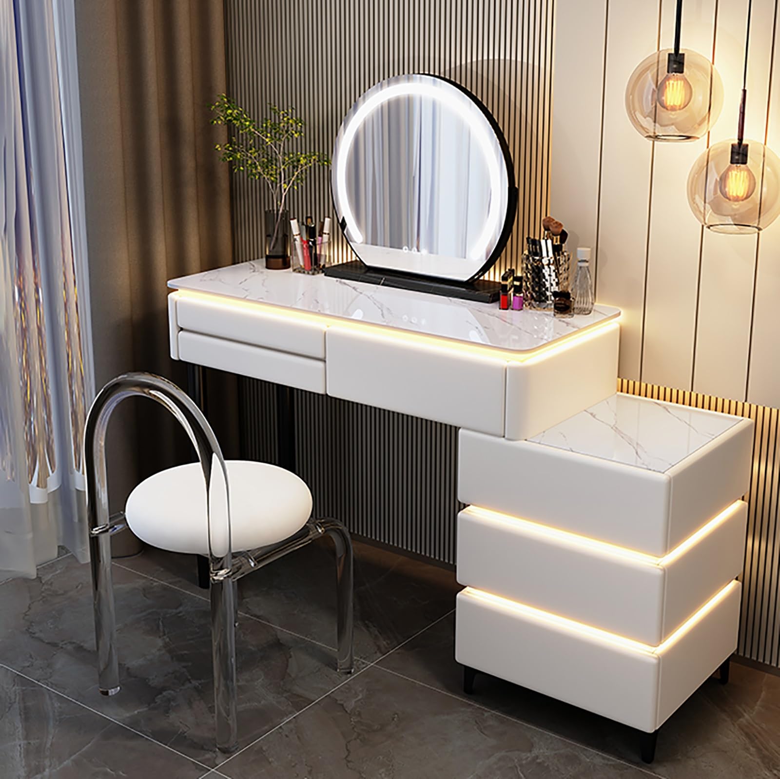 Coiffeuse blanche avec miroir et tabouret rembourré, en bois, pour chambre à coucher ou dressing. 6 grands tiroirs et tabouret rembourré. Meubles de chambre à coucher. (Couleur : blanc perle, Taille