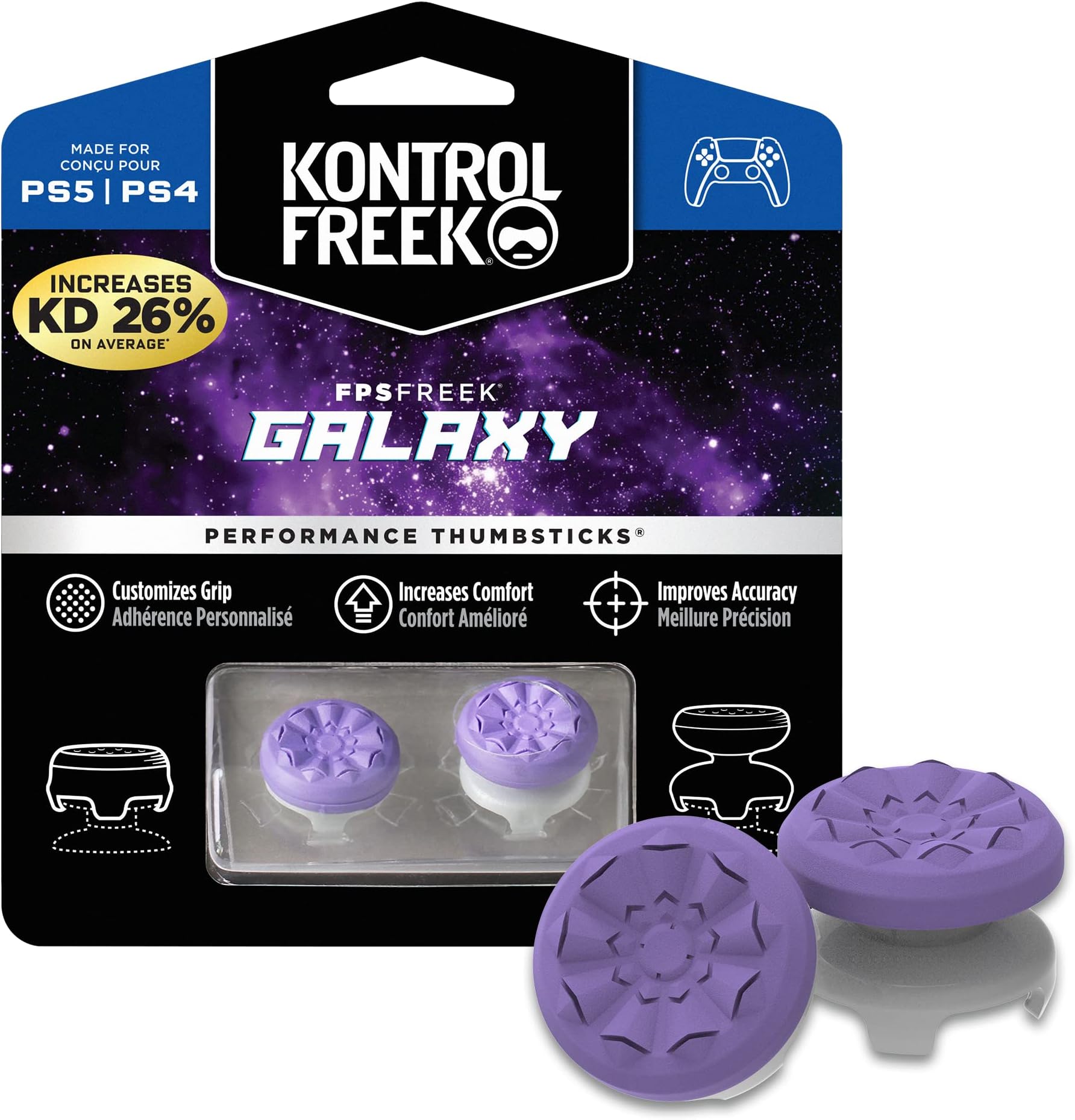 KontrolFreek FPS Freek Galaxy Purple for PlayStation 4 (PS4) and PlayStation 5 (PS5) | Performance Thumbsticks | 1 High-Rise, 1 Mid-Rise | Purple