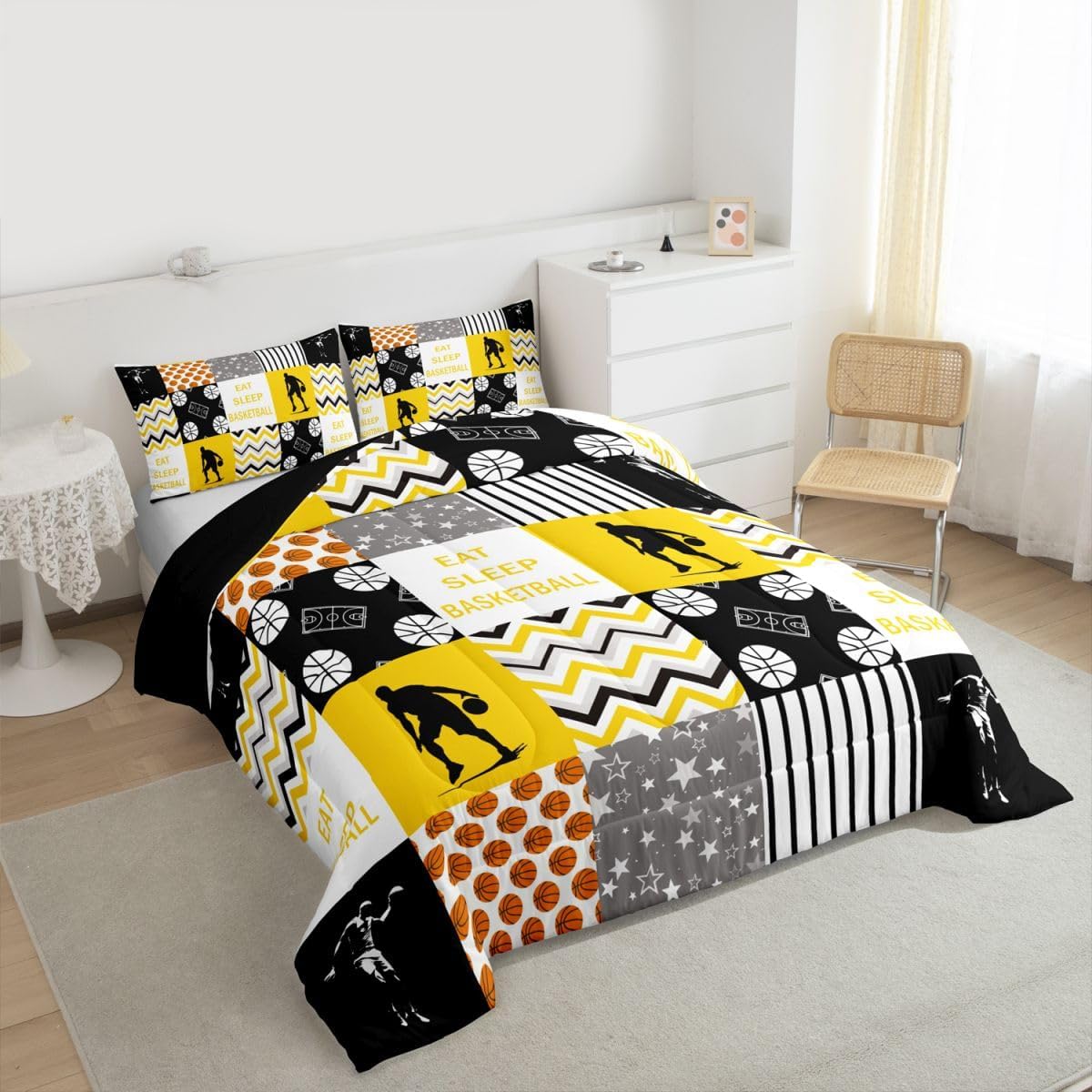 Boys Basketball Duvet Insert, Eat Sleep Basketball Comforter Set Queen Size Yellow Sports Games Quilt For Kids Girls Teens Adult Bedroom, Geometric Grid Checkered Down Comforter, Grey Black White