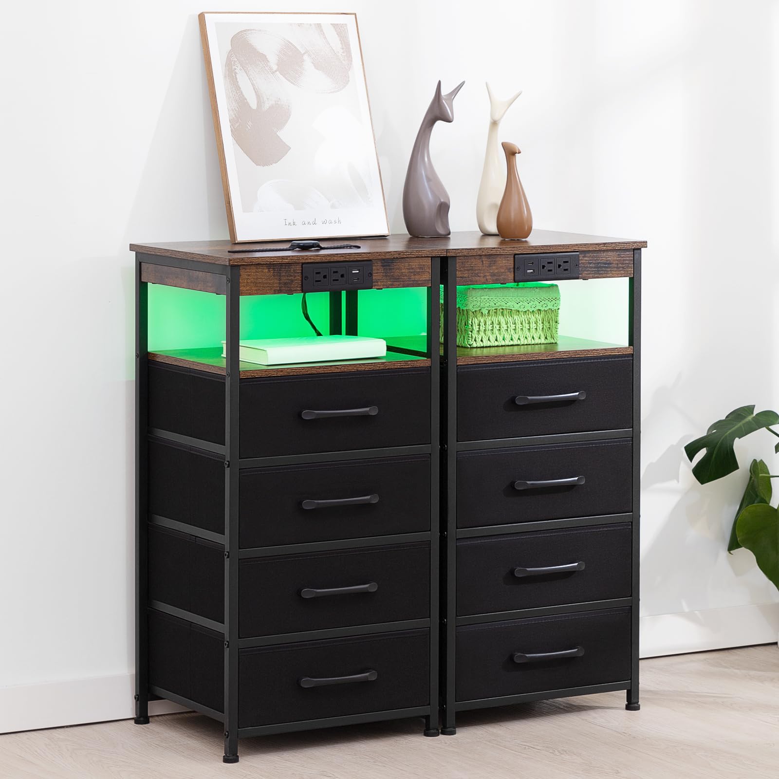 LOAKEKEL Nightstands Set of 2, Tall Night Stand with Charging Station