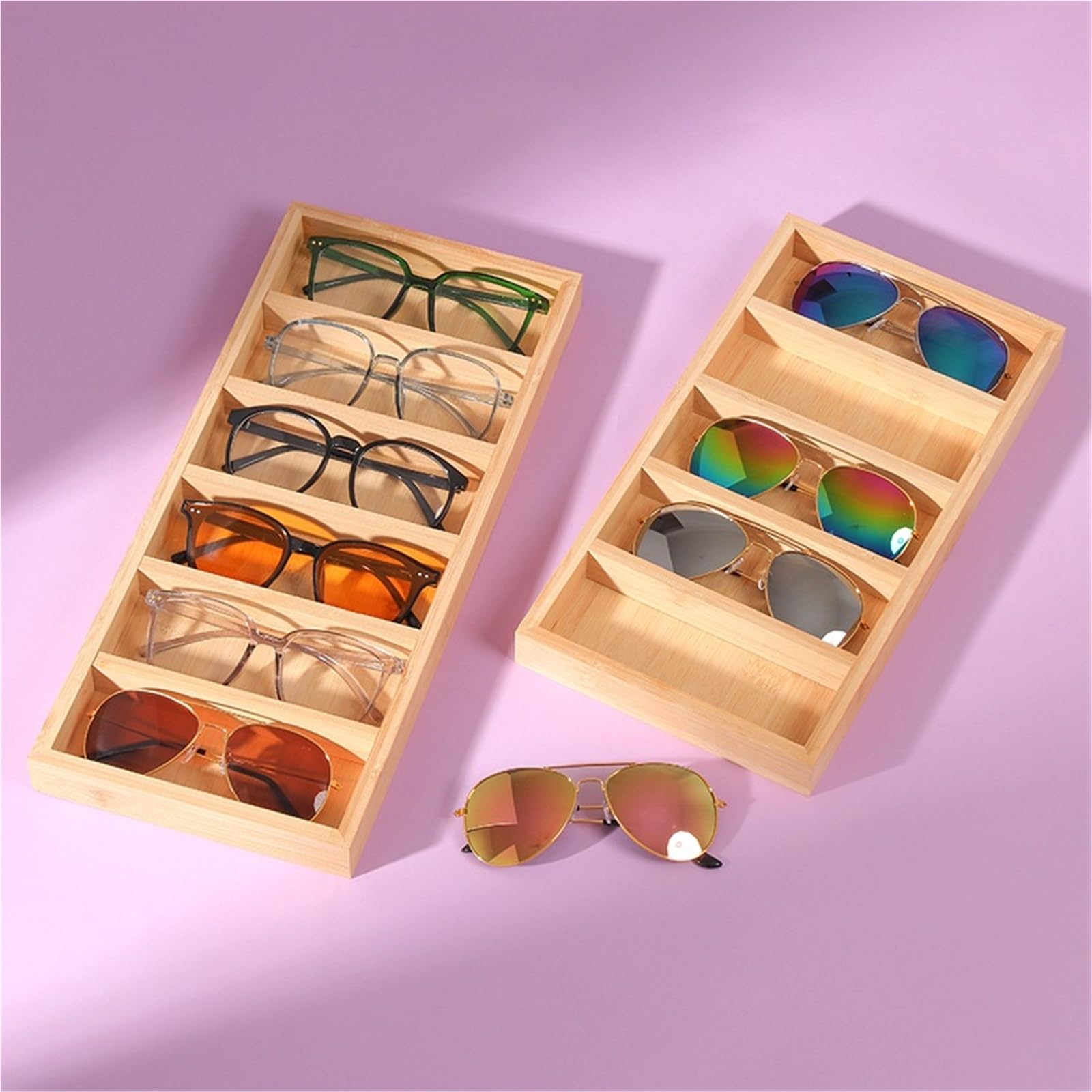 Brillenbox Vielseitig Arbeitsplatte Sonnenbrille Organizer Ablage Bambus Brillen Display Halter Sonnenbrillen Aufbewahrung(17.5x33x3cm)