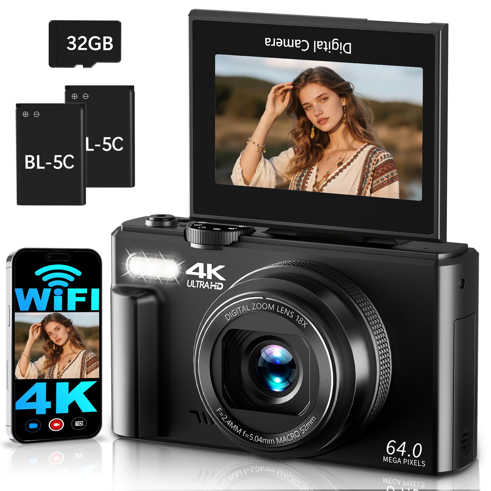 4K Digitalkamera mit WLAN 64MP Kamera Fotokamera 3