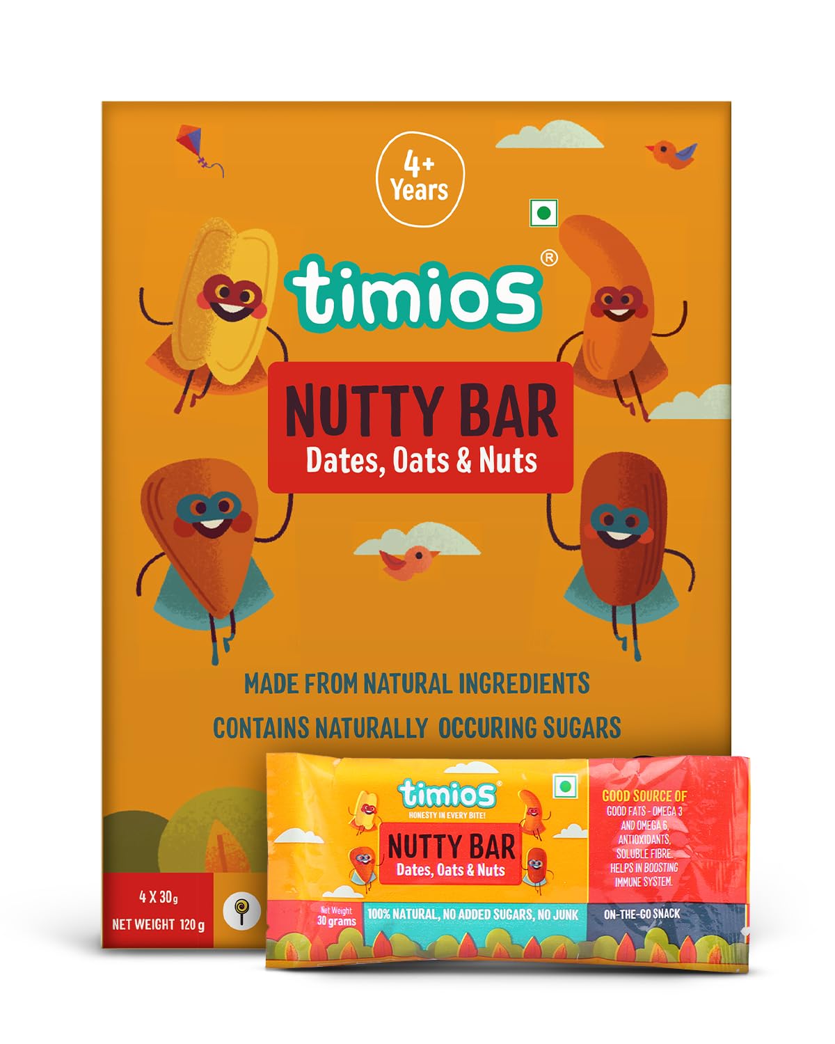 Timios Nutty Bar, Natural Energy Bar, No Added Sugar, No Junk, Made With Dates, Oats & Nuts, Pack of 20, 30g Bars