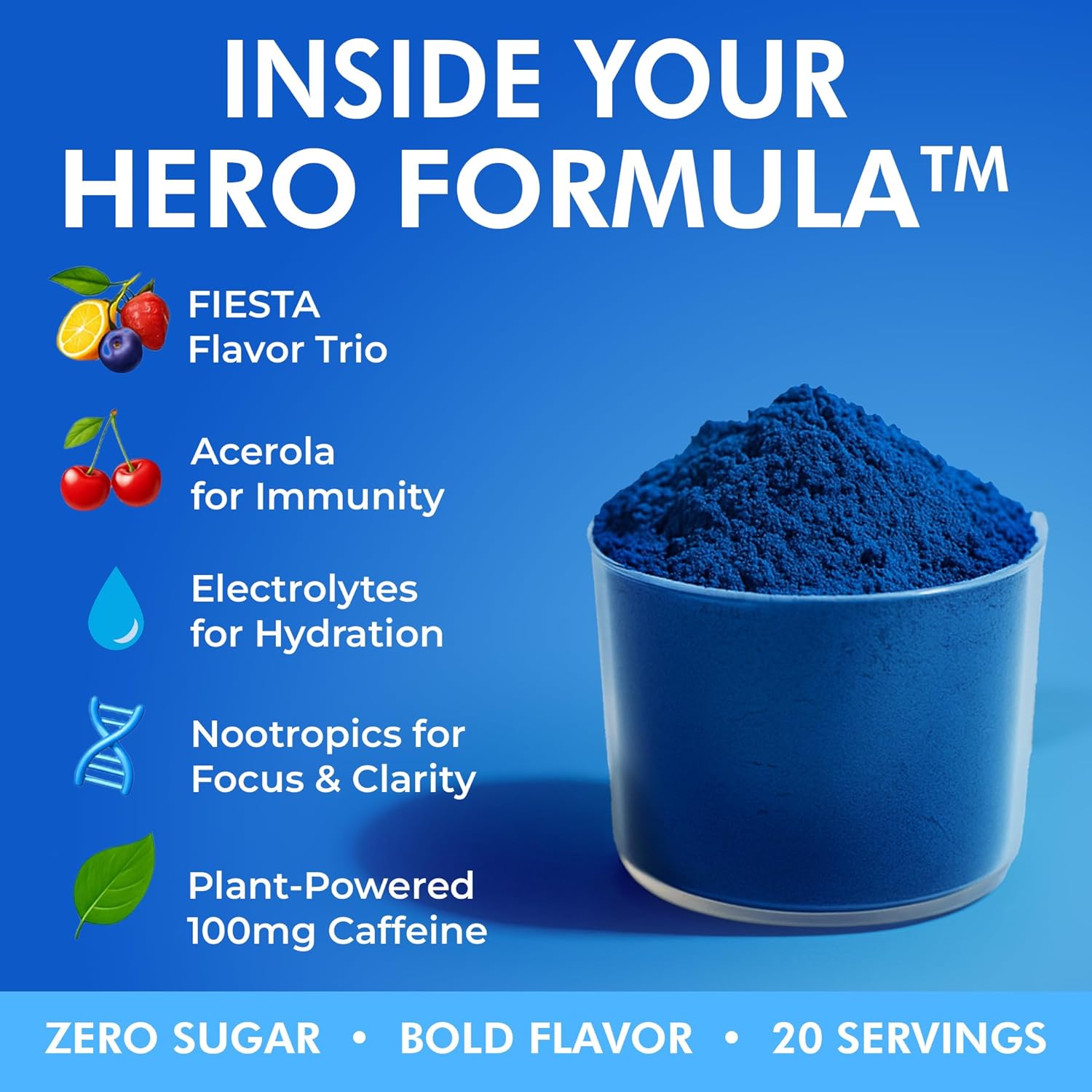 PAPA HERO® Fiesta Energy Drink Powder - 11 Vitamins & Minerals - Natural Caffeine + Nootropics + Electrolytes - Sugar Free Hydration - Immune Support - Blue Raspberry Lemonade - 20 Servings