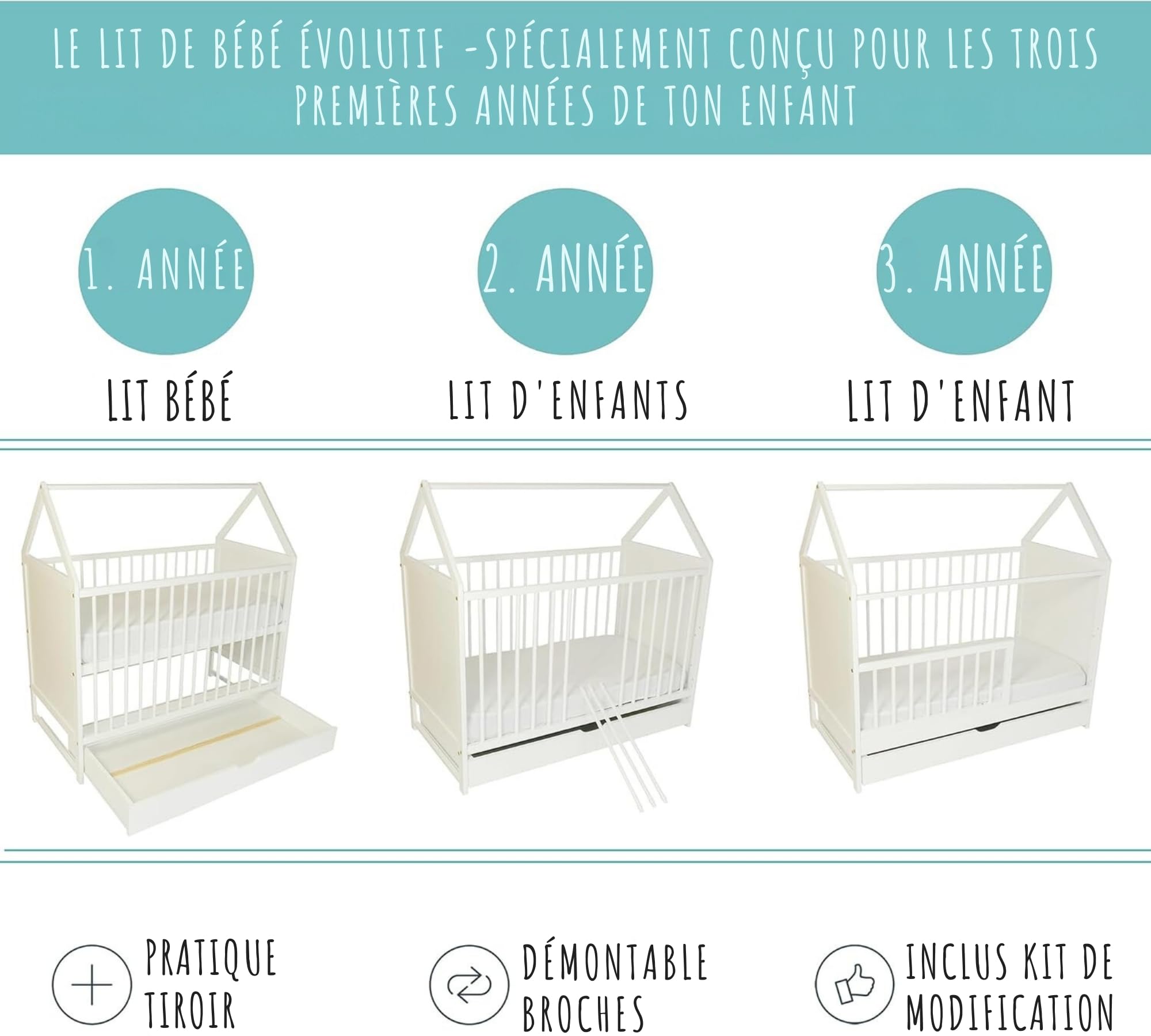 Kids Collective Lit d'appoint pour bébé - 120 x 60 cm - Blanc - avec tiroir - Réglable en Hauteur et Transformable
