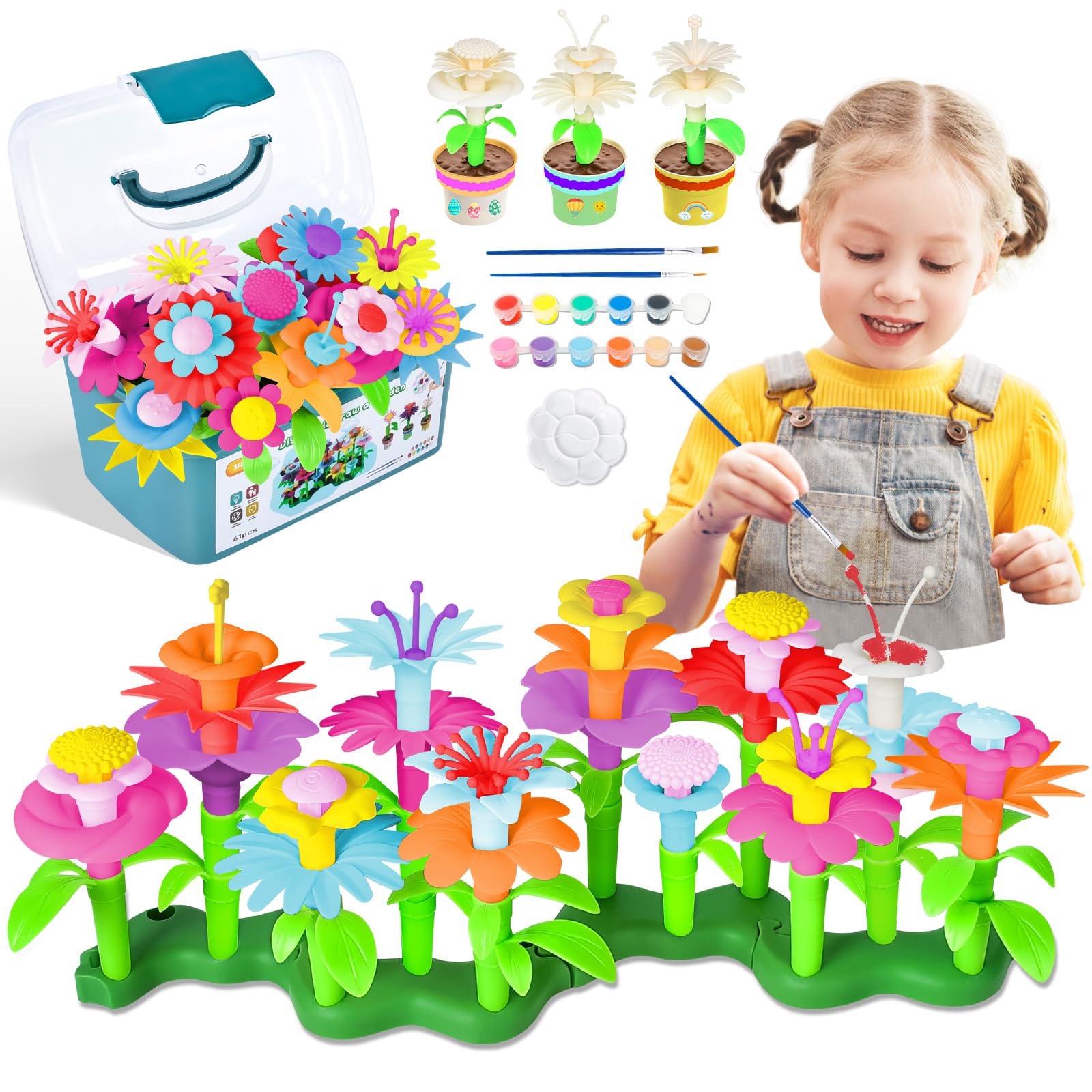 JONRRYIN Juguetes de Construcción para Jardín de Flores, DIY Ramo de Arreglo Floral Kit de Pintura, Regalos Educativos Juguetes para Niñas de 3 4 5 6 Años (61PCS)