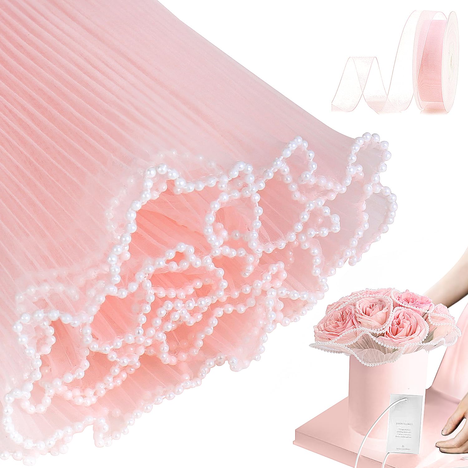 Pearl Edge Flower Wrapping Paper - Champagne Color Bouquet Packaging With Ribbon For Gifts