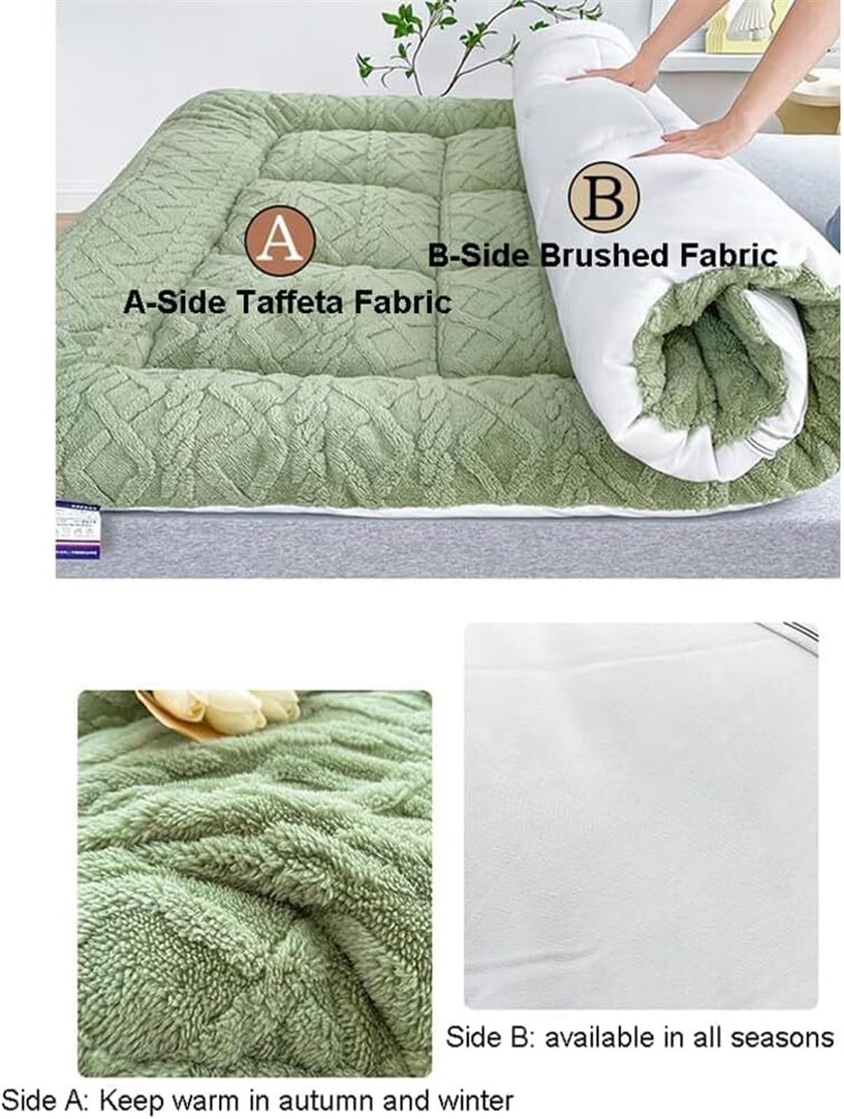 Colchón de futón japonés, colchón de futón de Piso Plegable, colchón de Tatami Suave y Grueso, colchón de futón Doble/Acolchado/Individual, colchón de Piso portátil para Adultos (Color : Gree