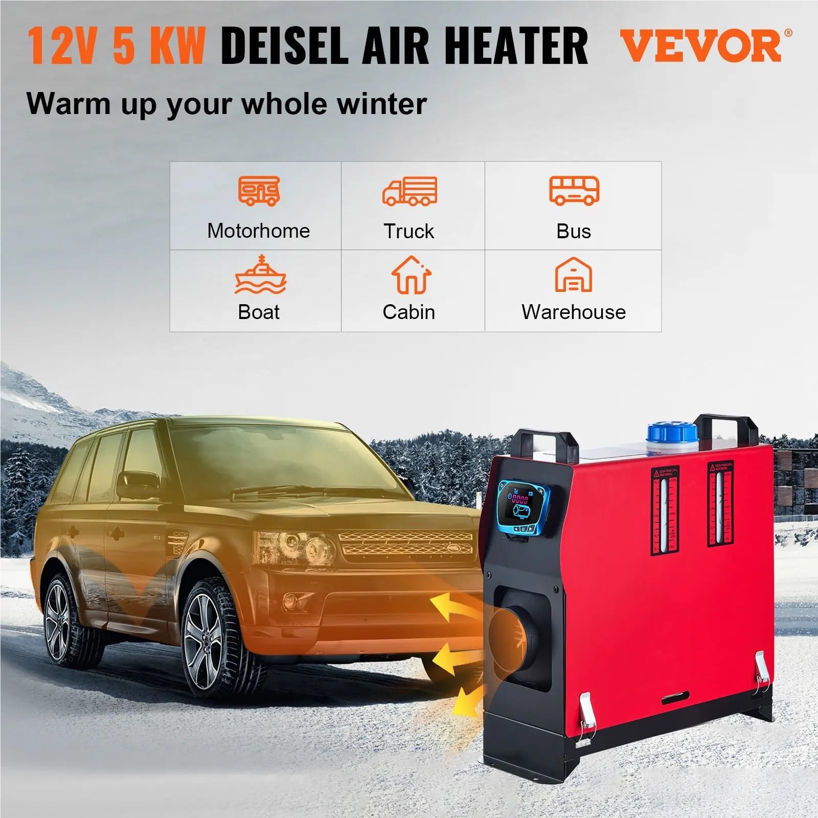 Calentador Diesel Calentador de Aire diésel de 5 kW, Todo en uno, Desmontable, 12 V, Control Remoto, silenciador e Interruptor LCD Azul. Calentador de Aire Diésel