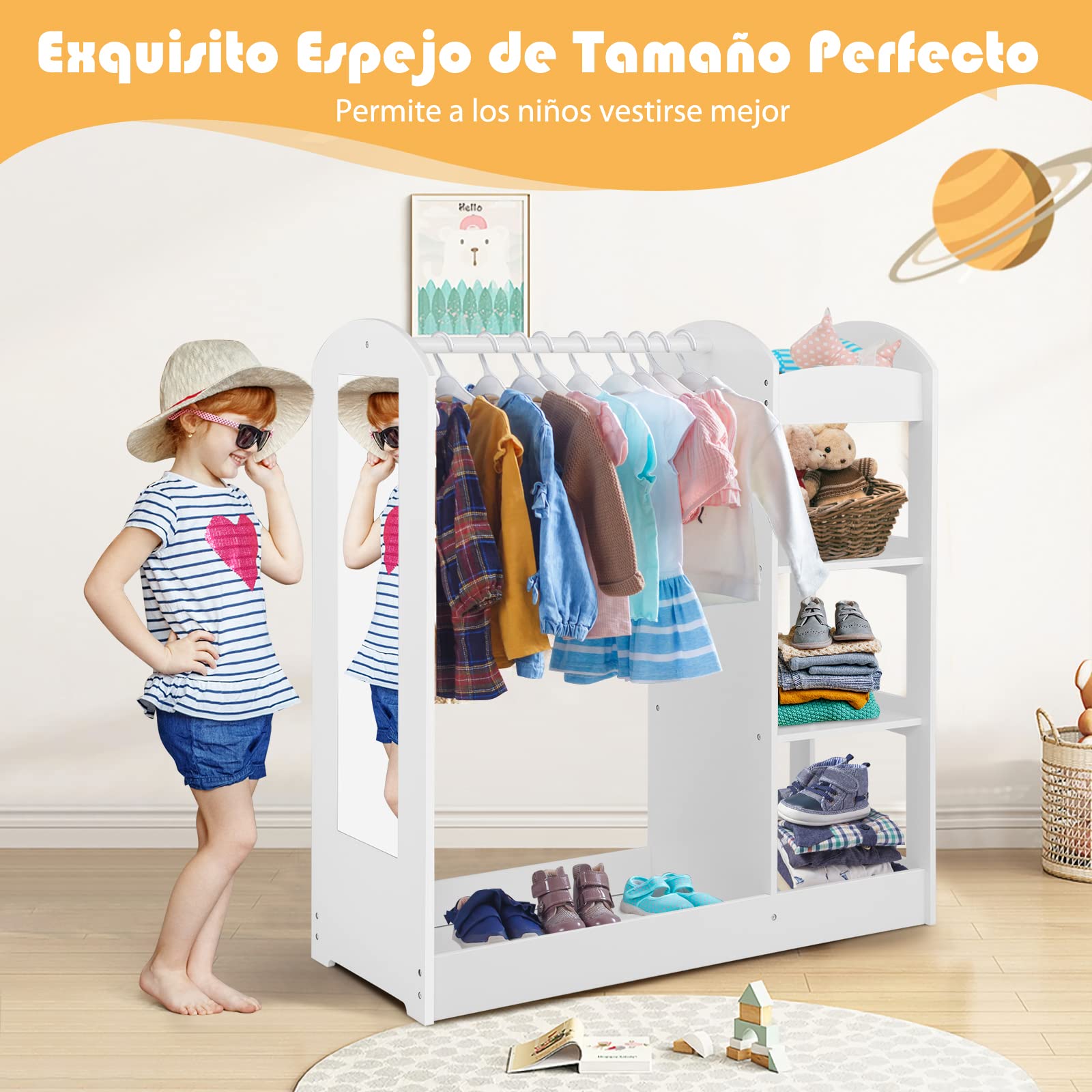 COSTWAY Armario de Almacenamiento para Niños con Espejo, Perchero de Ropa, Armario de Madera para Niños, Muebles Organizadores de Juguetes y Disfraces para Niños Pequeños (Blanco)