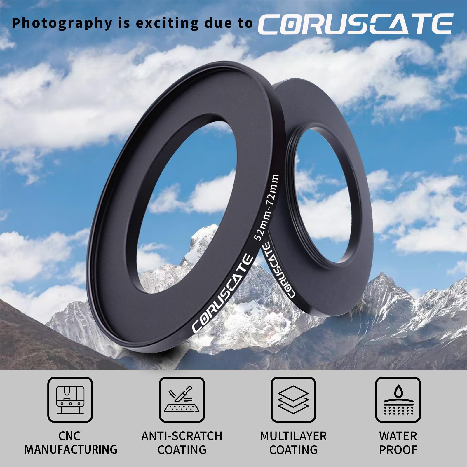 Pierścień adaptera obiektywu 52 mm na 72 mm, adapter do filtra Step Up Ring kompatybilny ze wszystkimi obiektywami 52 mm z filtrem UV ND CPL 72 mm + 1 ściereczka do czyszczenia obiektywu