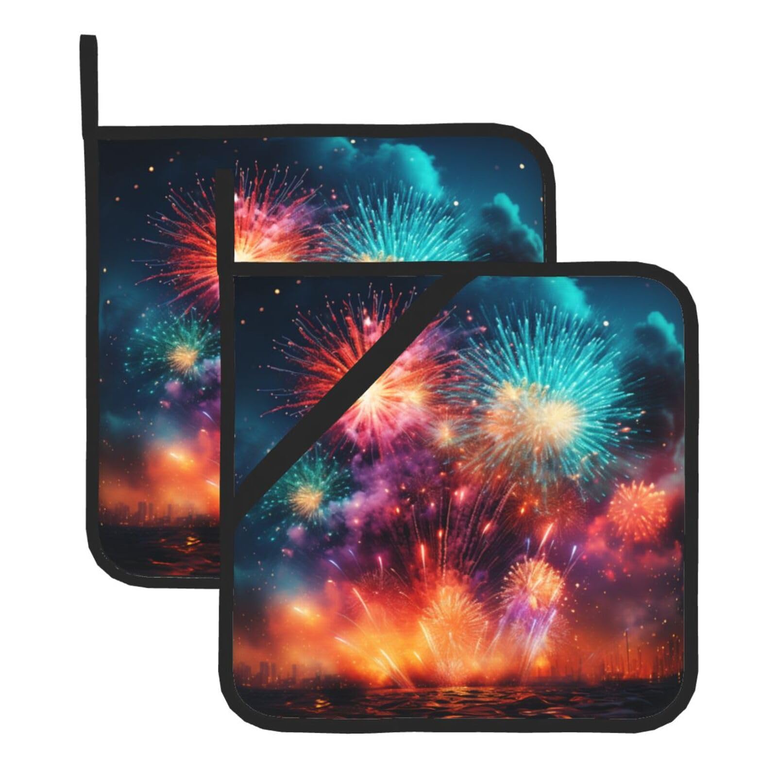 Pot Holders Set of 2 Heat Resistant Oven Hot Pads Splendid fireworks Pot Holders Soft Cotton Lining Potholders Non-Slip Kitchen Potholders for Cooking Oven BBQ Baking Kitchen Accessories