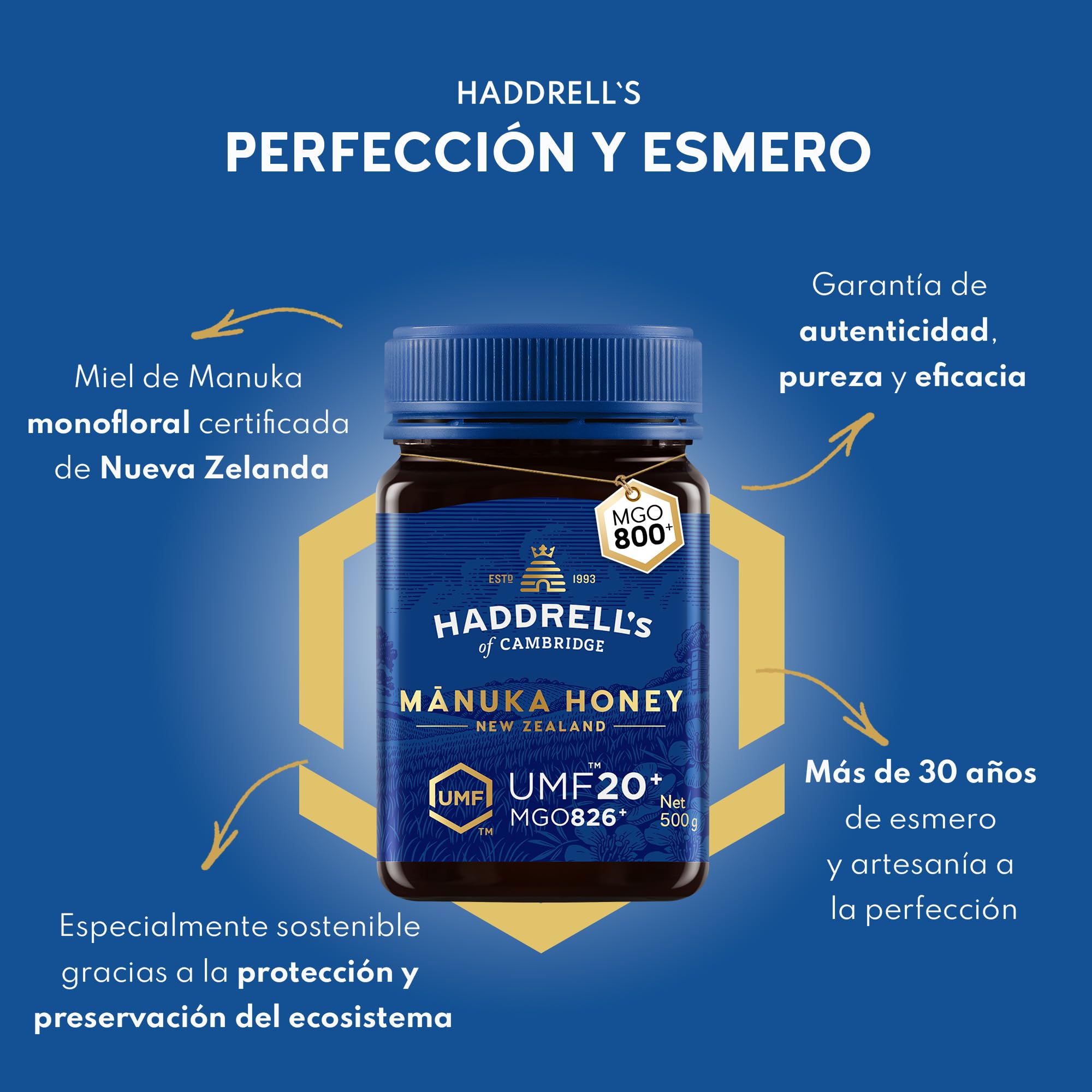 Haddrells of Cambridge Miel de Manuka MGO 800+ (UMF 20+) 500g - Miel certificada de Nueva Zelanda - Rica en metilglioxal - Sostenible, cruda y con un alto contenido en MGO