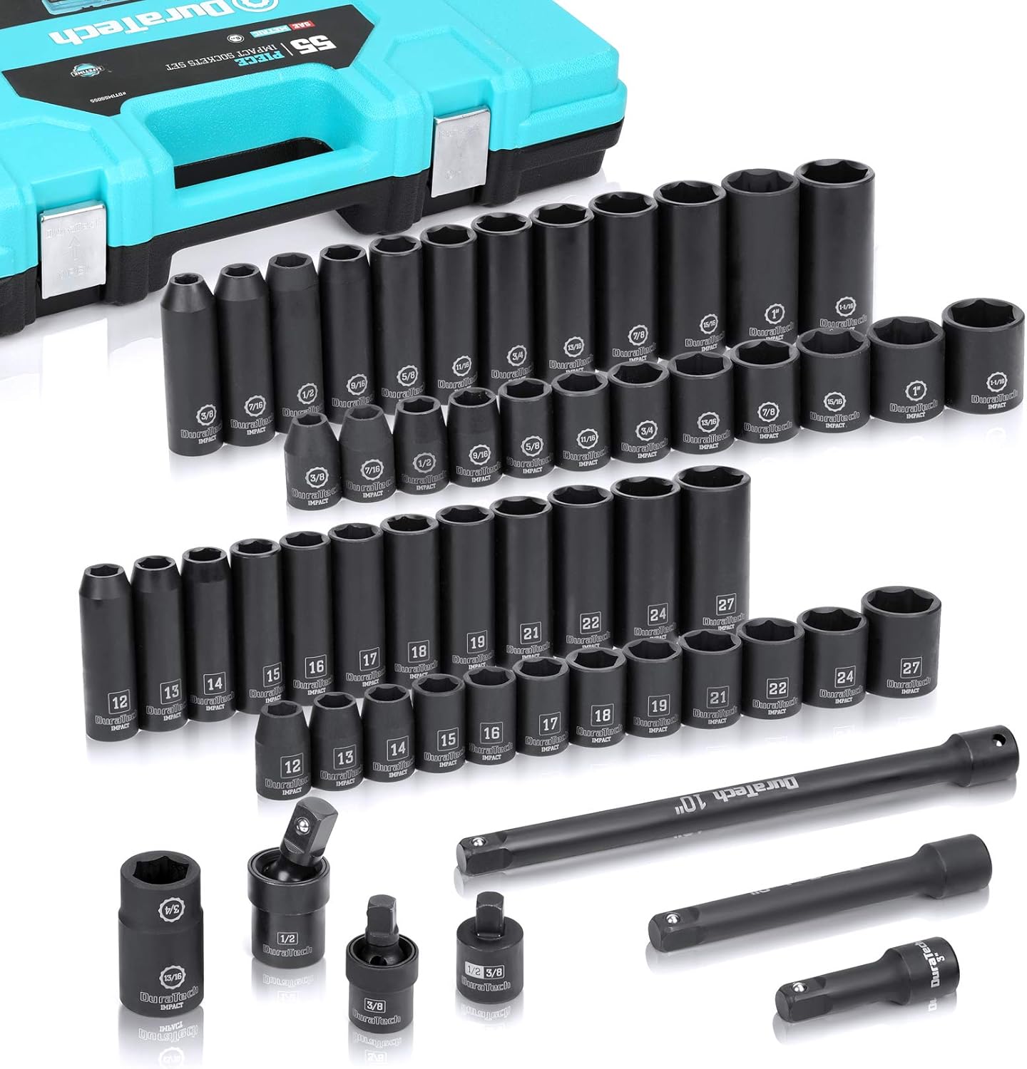 DURATECH 55-Piece Socket Set, 1/2’’ & 6 Point Impact Socket Set, 7 Accessories included, 24 Both Standard Impact Sockets and Deep Impact Sockets in SAE (3/8’’ to 1-1/16’’) & Metric (12 to 27mm)