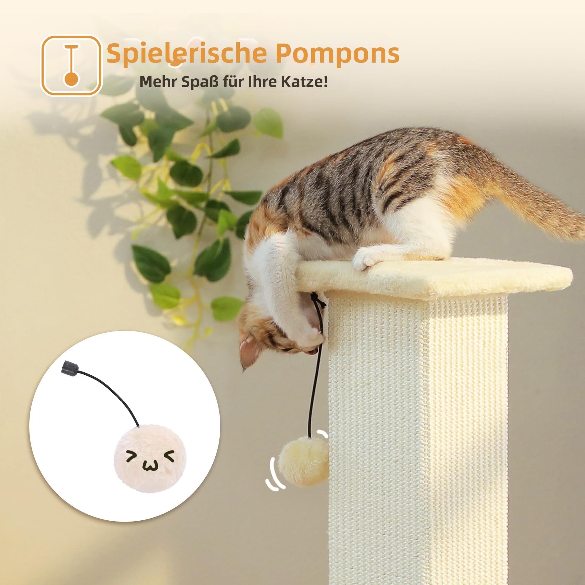 PETEPELA große Kratzsäule für Katzen, 82 cm hoch Kratzbaum für Wohnungskatzen, Stabiler Sisal-Kratzstamm mit großer Bodenplatte und Spielball – Beige