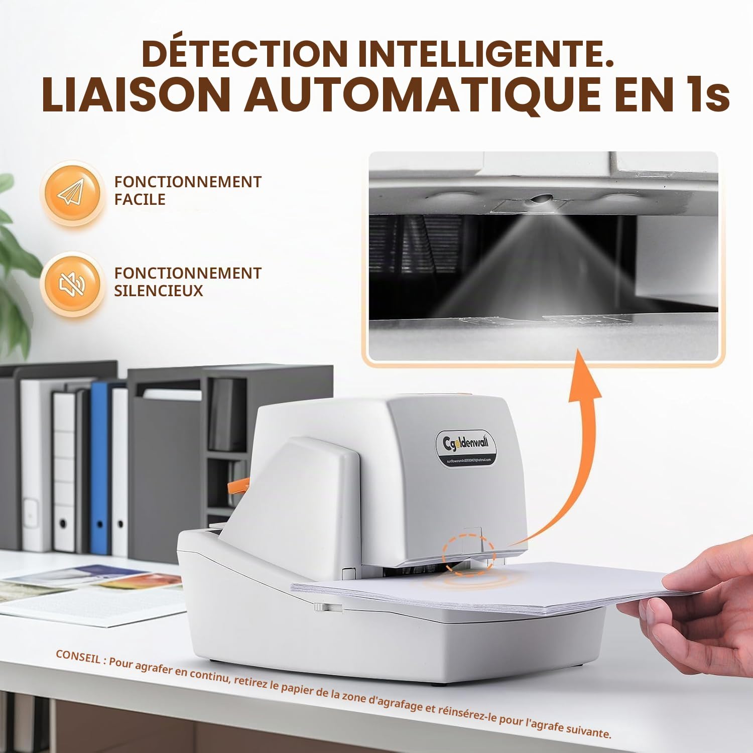 CGOLDENWALL Agrafeuse Bureau Electrique, Capacité 60–65 Feuilles | Agrafage Plat Sans Bourrage, Vitesse et Marge Réglables, Haute Performance, Cartouche de 4000 Agrafes pour Bureau, École