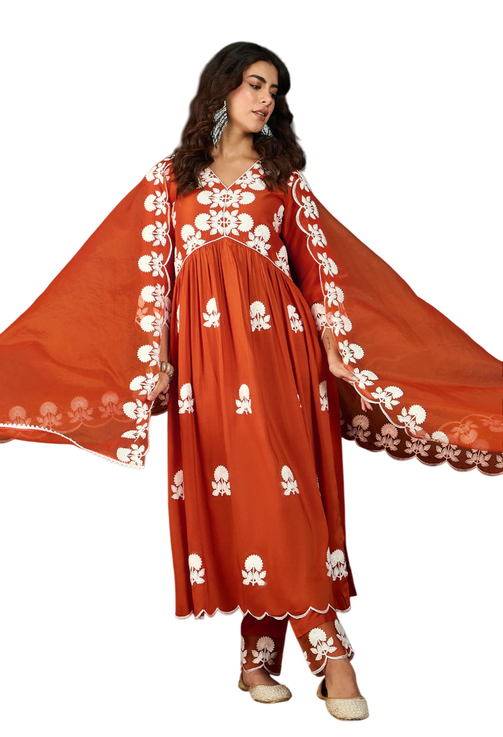 SheWill Women's Silk Blend Chain Work Embroidered A Line Kurta with Pant Set For Wedding, Ethnic Wear