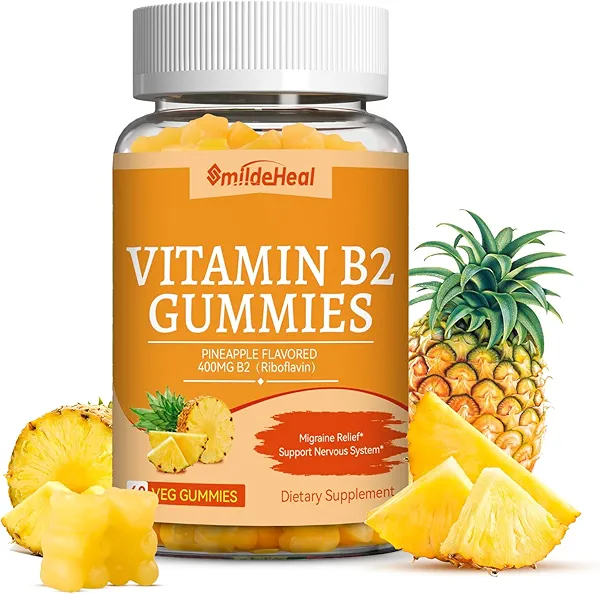 Vitamin B2 Gummies,Riboflavin 400mg Supplement with Magnesium for Adults,B2 Gummies for Migraine Relief* & Nervous System Support*, Non-GMO, Vegan - 60 Counts