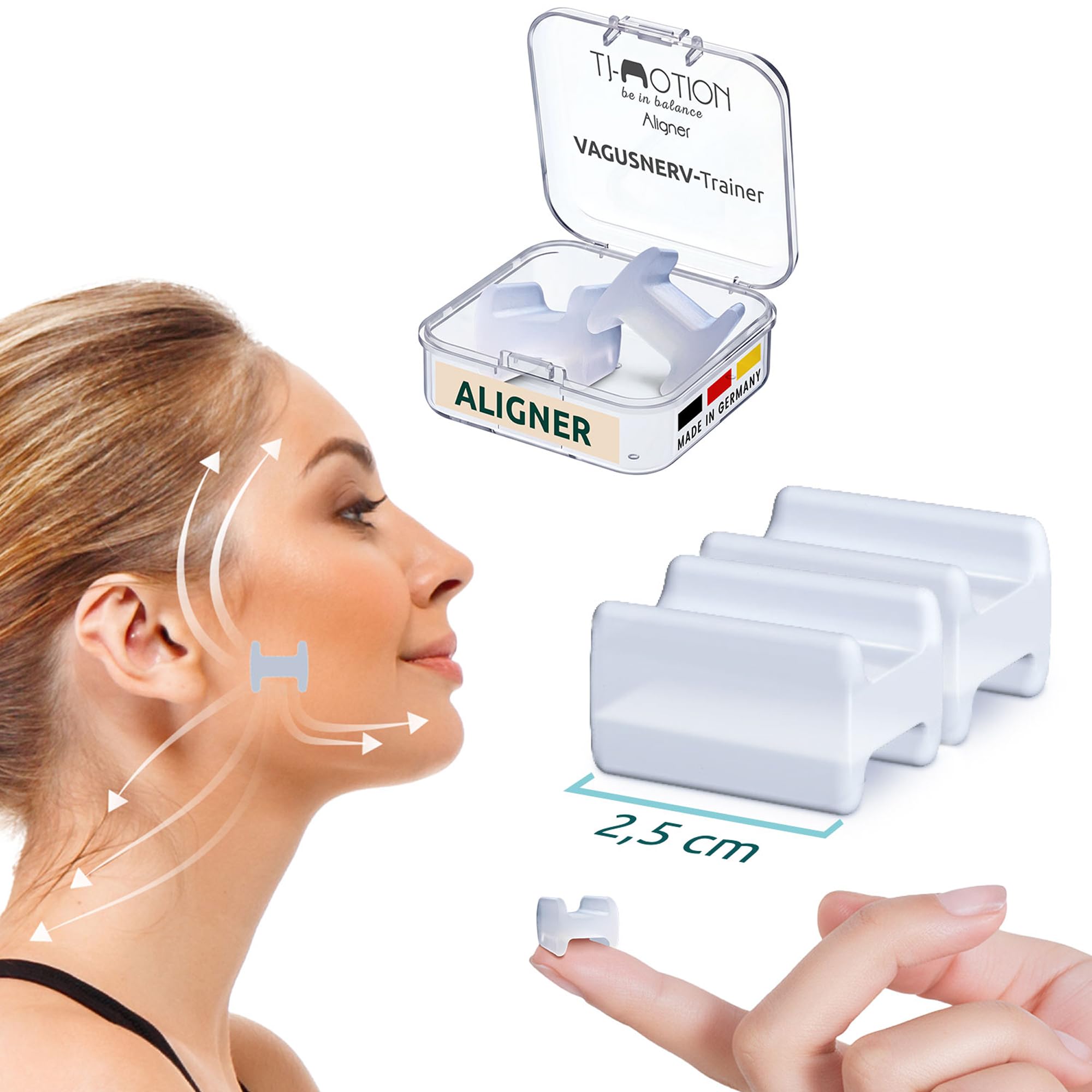 TJ-Motion Aligner 2,5 cm – relaks szczęki i aktywacja nerwu błędnego – zestaw 2 szt. z silikonu medycznego – przeciw bólom szczęki, karku i pleców – nie zawiera BPA, wegański, bezzapachowy.