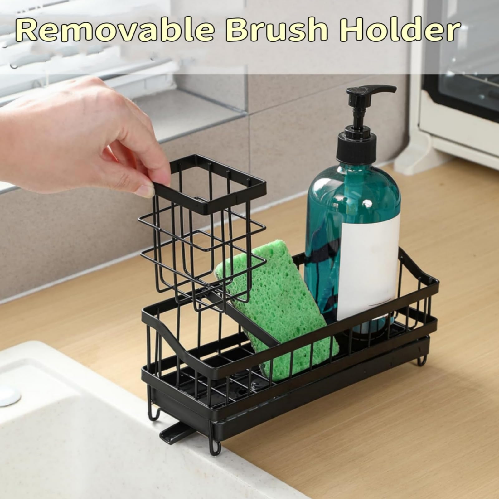 Organiseur d'évier, Porte Eponge Evier Cuisine en Acier Inoxydable avec Porte Brosse Amovible, Séparateur Amovible, Rangement et Organisation de Cuisine, Noir