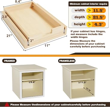 Pull Out Cabinet Organizer, 11''W21''D Sliding Drawers for Cabinets, Soft Close Slide Out Wooden Pull out Drawers, Base Cabinet Organization for Kitchen, Pantry, Bathroom
