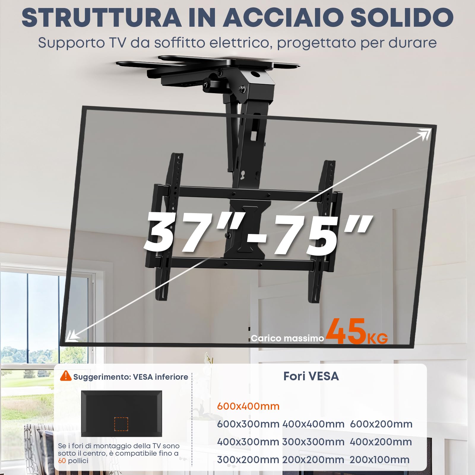 Supporto TV da Soffitto Motorizzato 37–75" – Sollevatore TV Elettrico, Ribaltabile, Telecomando, 45 kg, VESA 600×400mm, Nero
