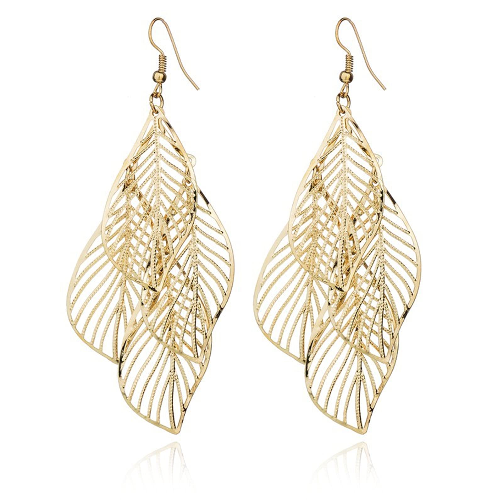 coadipress Bohemian Layered Filigree Leaf Earrings for Women Handmade Silver Gold Plated Big Boho Lightweight Chandelier Hollowed Out Leaves Dangle