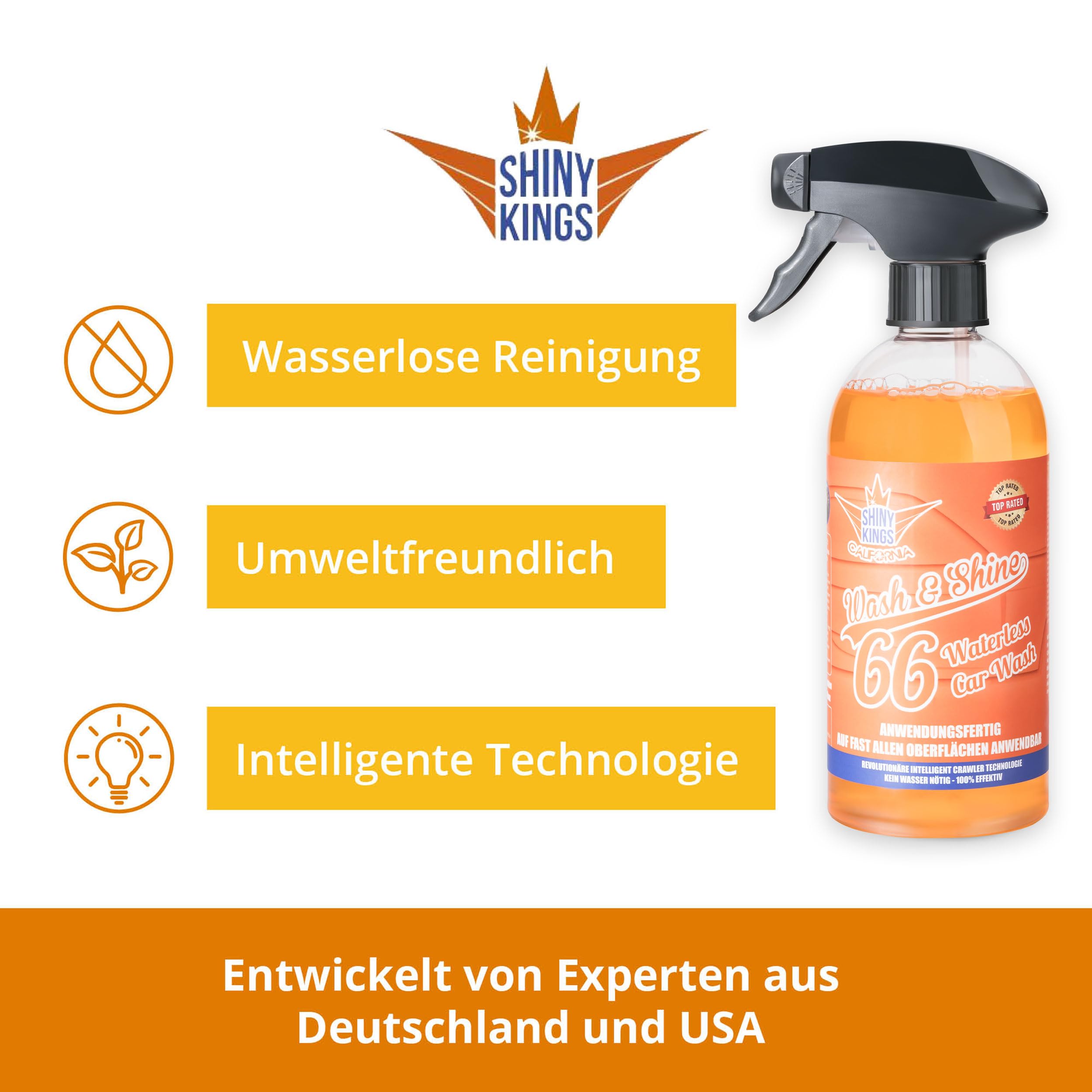 Shinykings Wash&Shine WASSERLOSER Auto Reiniger | Kratzfreie Pflege & Glanz-Effekt für Lack, Chrom-, Alufelgen, Leder & Kunststoff | 5 L Auto-Shampoo Kanister | Umweltfreundlicher Trockenreiniger