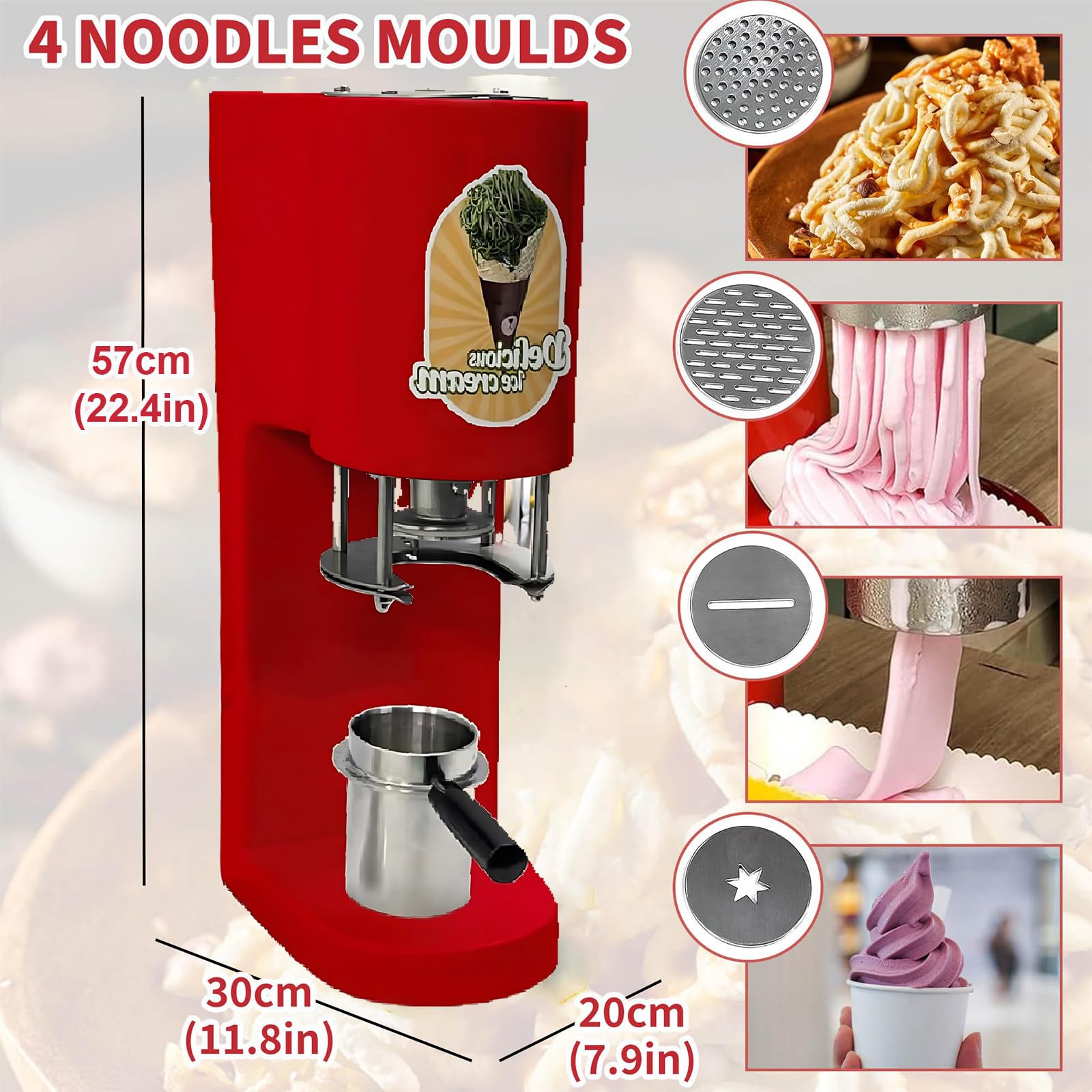 Sorbetière Spaghetti Professionnelle, Presse À Glace Électrique 80 W, Acier Inoxydable, 4 Moules, 30 X 20 X 57 Cm, Simple D'utilisation, pour Glaciers Et Desserts,Red