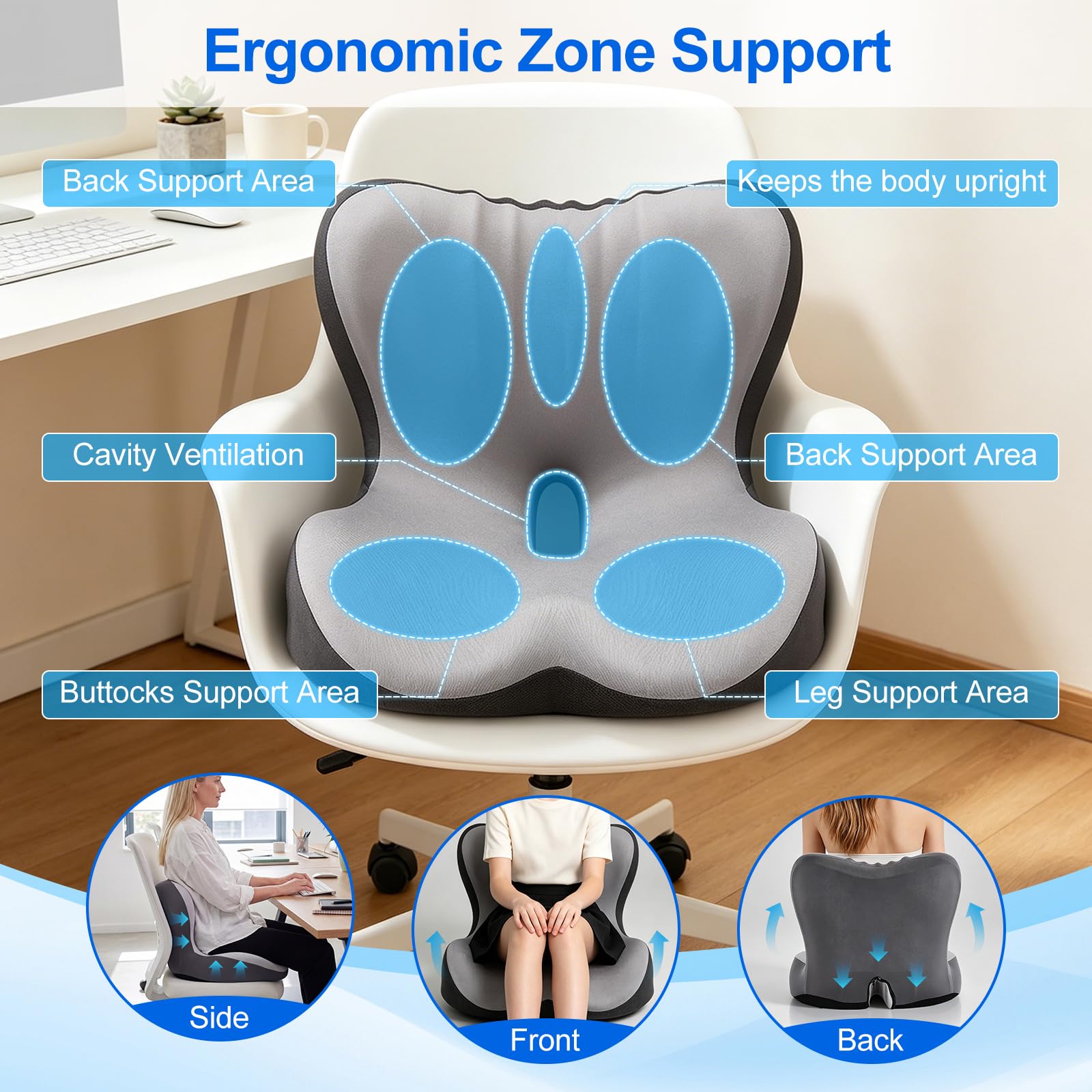 Cojín ortopédico con respaldo de espuma viscoelástica, cojín ergonómico de apoyo para la espalda, cojín para coxis con cavidad para silla de oficina, asiento de coche y silla de ruedas